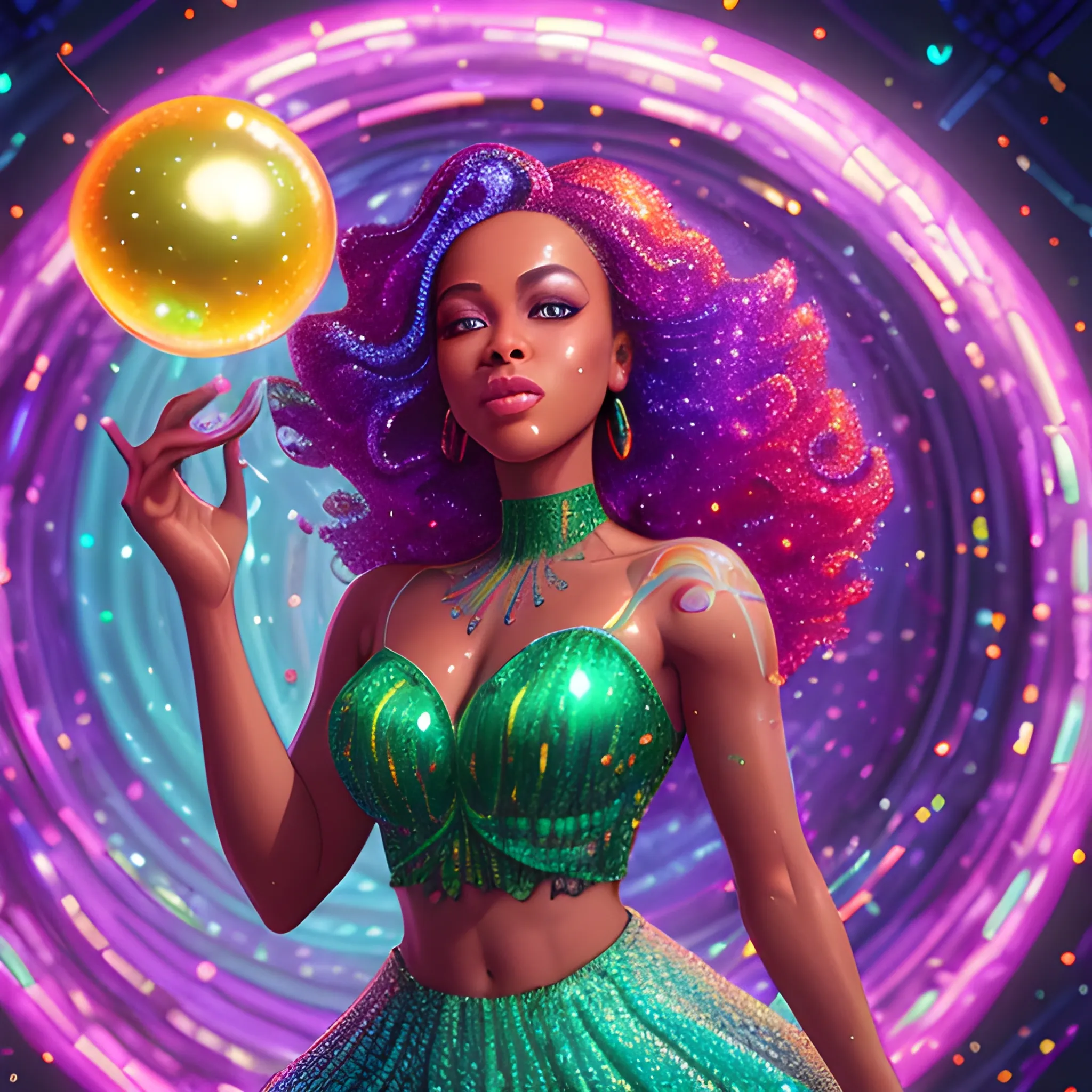 Charlotte Ayanna, perfect, anatomically correct perfect body, highly detailed beautiful face, green midriff dress, meticulously detailed multi-hued long dark curly hair, holding a purple ball in her hand; digital painting, smooth, sharp focus, colorful illustration, art by Lisa Frank, James R. Eads, artgerm and Maxfield Parrish; luminous color sparkles, glitter, neon, airbrush, Unreal Engine 5, Fausto-Giurescu, Tania Rivilis, Dan Mumford; luminous colorful sparkles, glitter, airbrush, depth of field, volumetric lighting, downtown