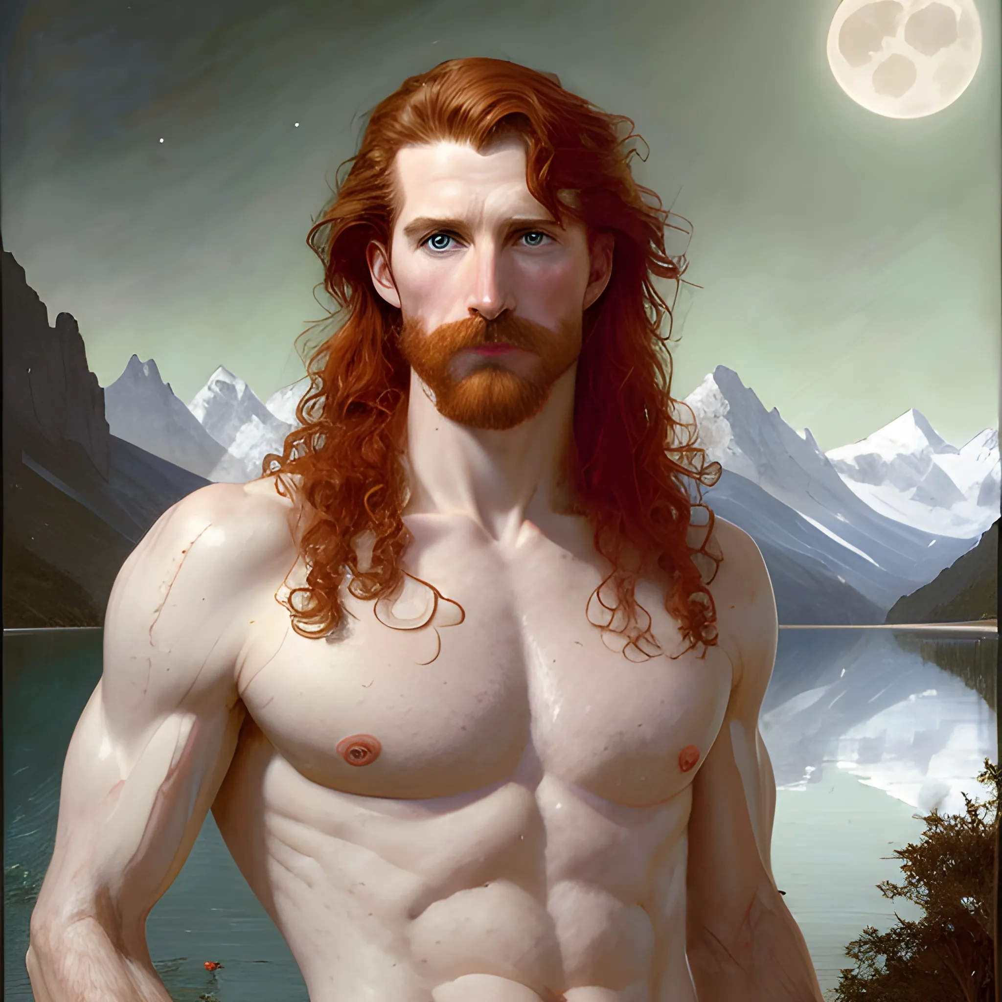 Gwilym Pugh, long red curly hair, chiseled, handsome highly detailed symmetrical face, freckles, perfect face, hyperdetailed eyes and an athletic, long, lean masculine body, under a painted neblua sky, full moon; by a lake, mountains; spooky ambiance, by gaston bussiere, craig mullins, j. c. leyendecker