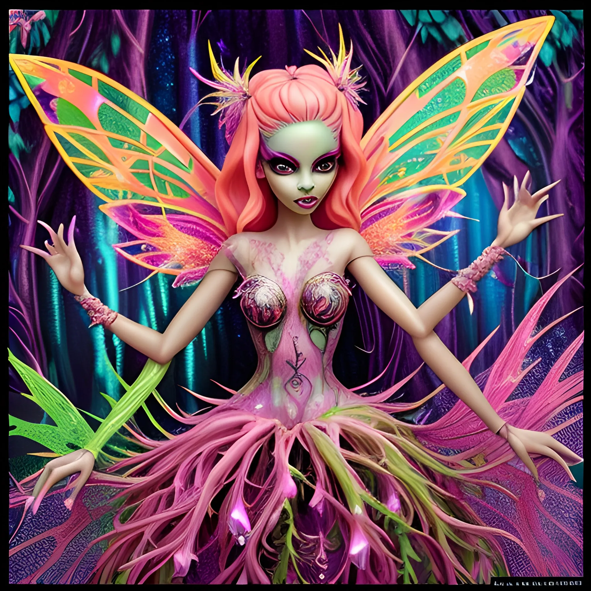  Mythical Fairy: monster High doll: vines: woman: fairy wings: forest: nature: orange and pink: detailed: glitter, airbrush, luminous color sparkles; graffiti art, splash art, street art, spray paint, oil gouache melting, acrylic, high contrast, colorful polychromatic, ultra detailed, ultra quality, CGSociety, 3D