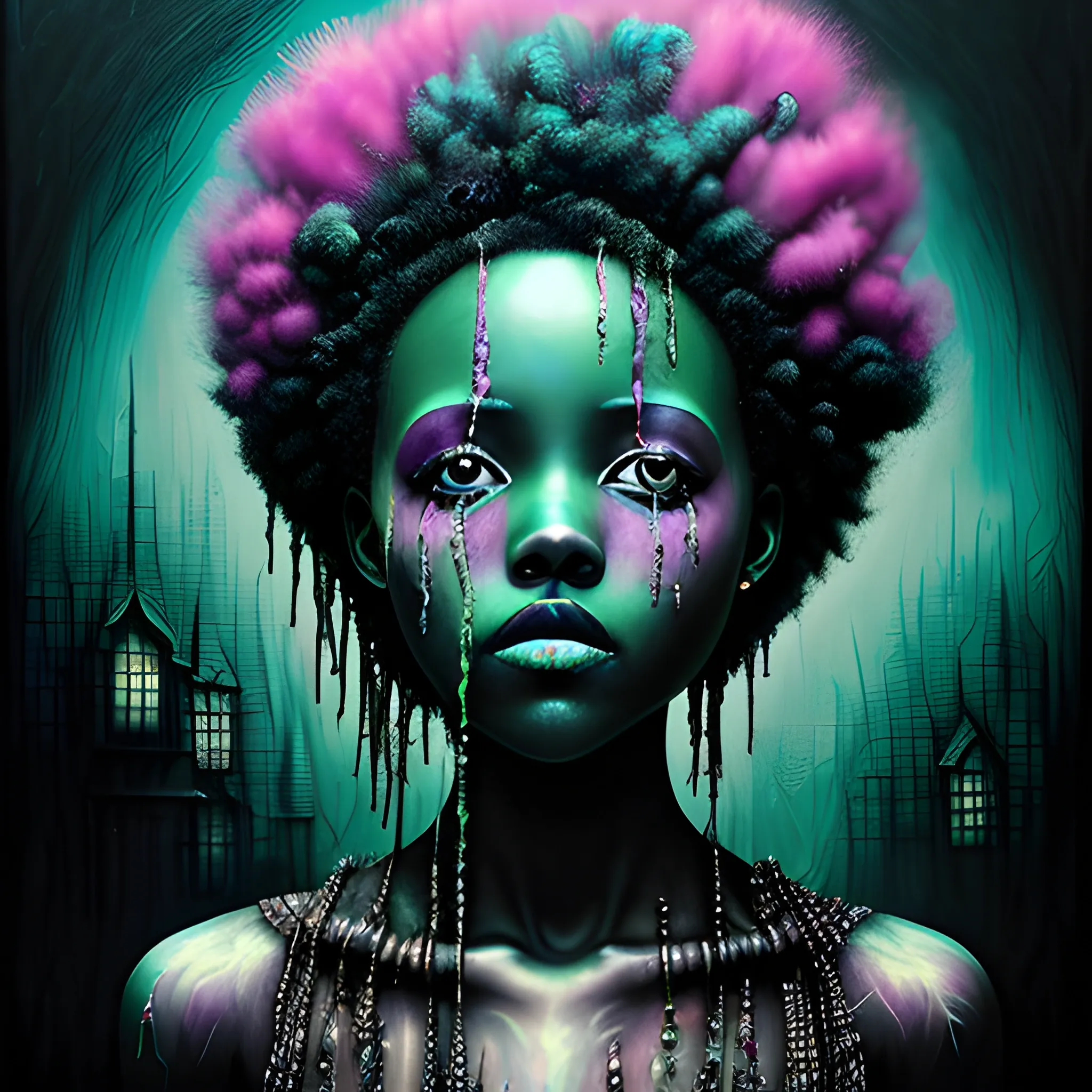  Masterpiece, scenic; Lupita Nyong'o; neon spray paint, acrylic paint, fantastical surrealist world, in the style of Stephen Gammell and Shawn Coss, extremely detailed, sick, gothic, eldritch