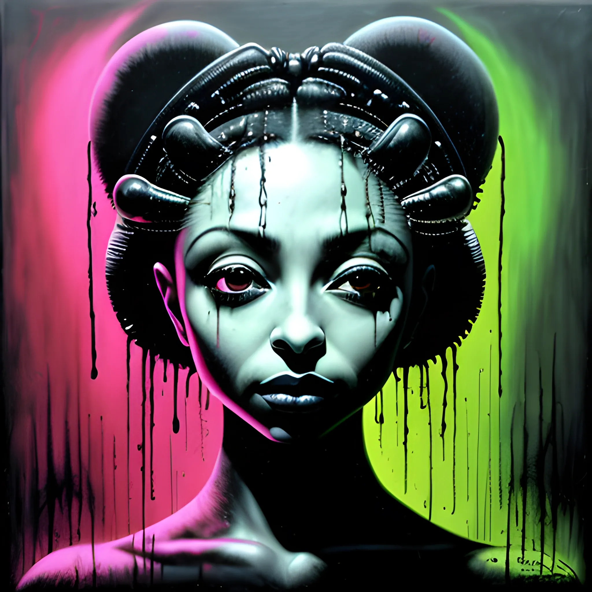  Masterpiece, scenic; Sade Adu; neon spray paint, acrylic paint, fantastical surrealist world, in the style of Stephen Gammell and Shawn Coss, extremely detailed, sick, gothic, eldritch