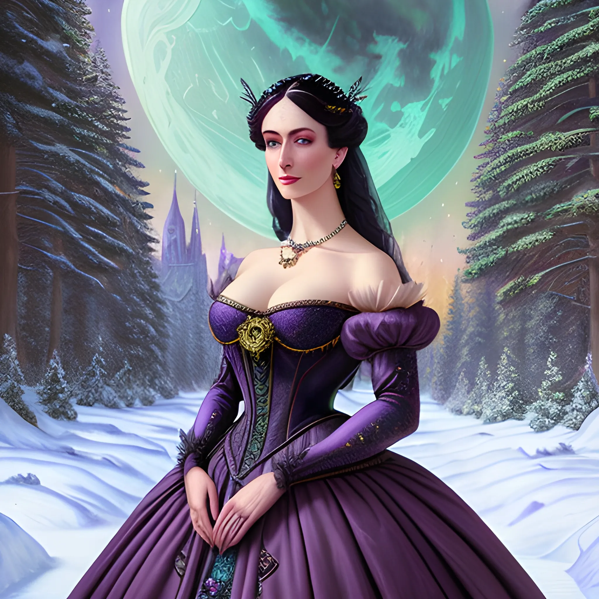 Lilac Princess, full body shot; beautiful woman wears a lavender sequined dress. She has long, sleek black hair, and stands in front of snow-covered pine trees and an icy river. Her features are symmetrical, lovely, and anatomically correct. She wears amethyst jewelry. Lips are soft, in a slight smile; behind her a cityscape, and full smooth moon in a nebula sky, clouds; fantasy, Vintage Art, 16k resolution, intricately detailed, Renaissance, Chromolithography Soft Shading; ethereal fantasy, realistic oil painting. Victorian era, glitter, old fashioned, vintage, antique, renaissance, gothic, eldritch, highly intricate, sophisticated and complex digital painting, concept art, hyperrealism, Cinema 4D, 8k resolution, 64 megapixels, CGSociety, ZBrushCentral, behance HD, hypermaximalist, parallax
