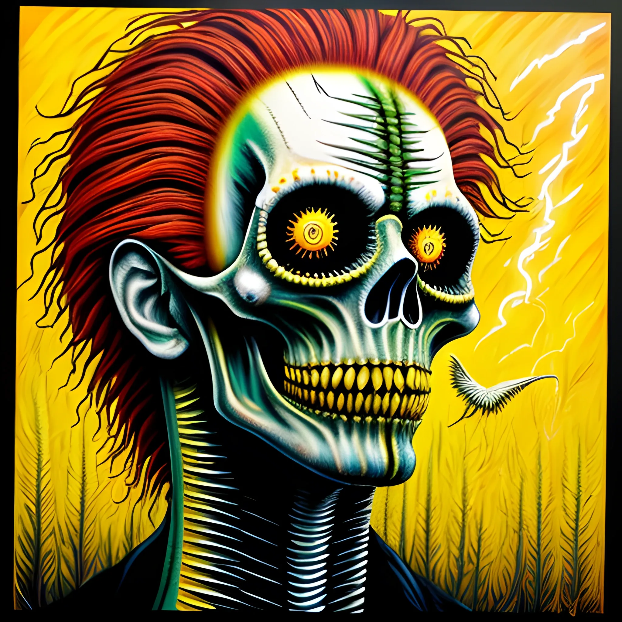  Masterpiece, scenic; Malachi, Children of the Corn; redhead Courtney Gains; neon spray paint, acrylic paint, fantastical surrealist world, cornfieldd, corncob, yellow corn; in the style of Stephen Gammell and Shawn Coss, extremely detailed, sick, gothic, eldritch; macabre, extreme color