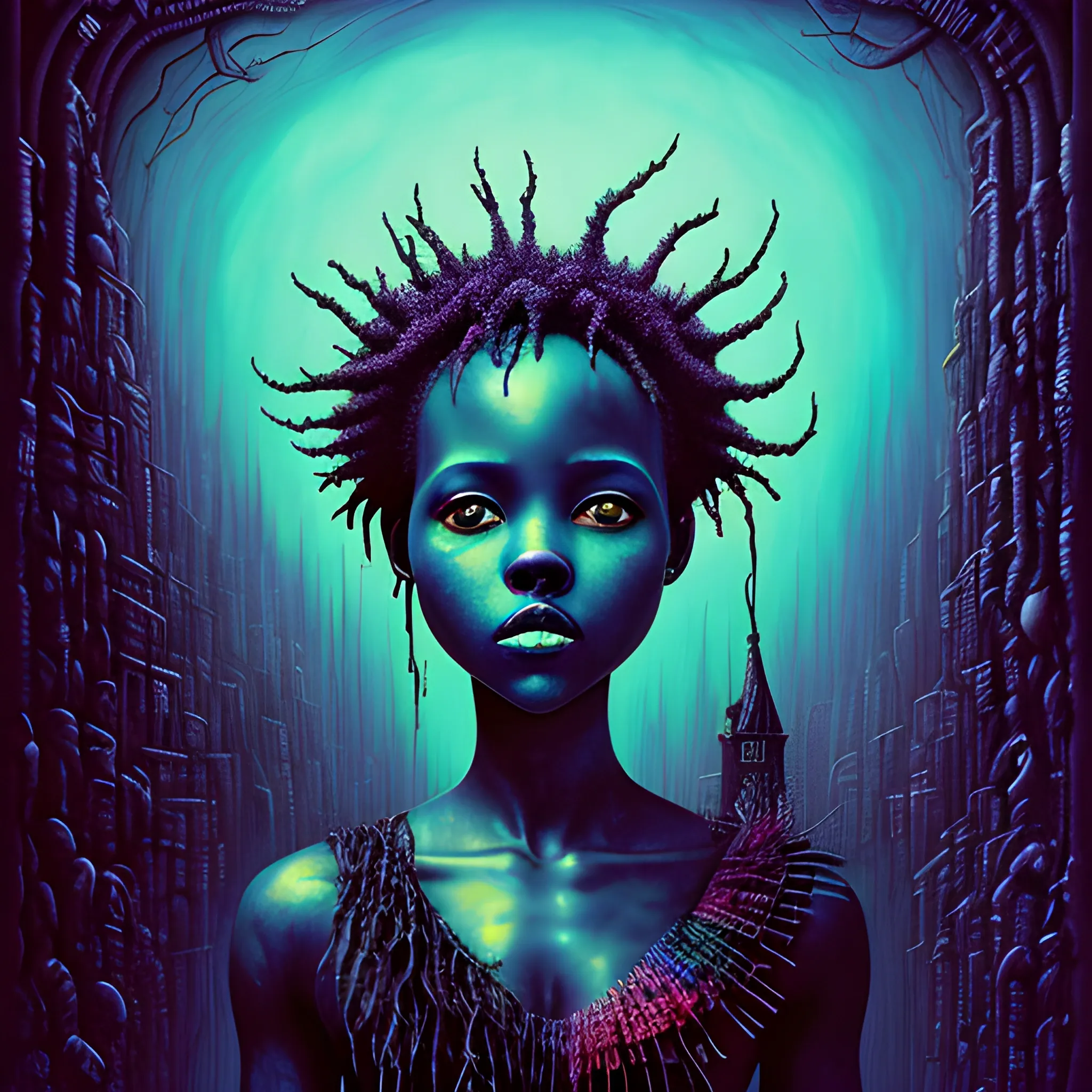  Masterpiece, scenic; Lupita Nyong'o; neon spray paint, acrylic paint, fantastical surrealist world, in the style of Stephen Gammell and Shawn Coss, extremely detailed, sick, gothic, eldritch