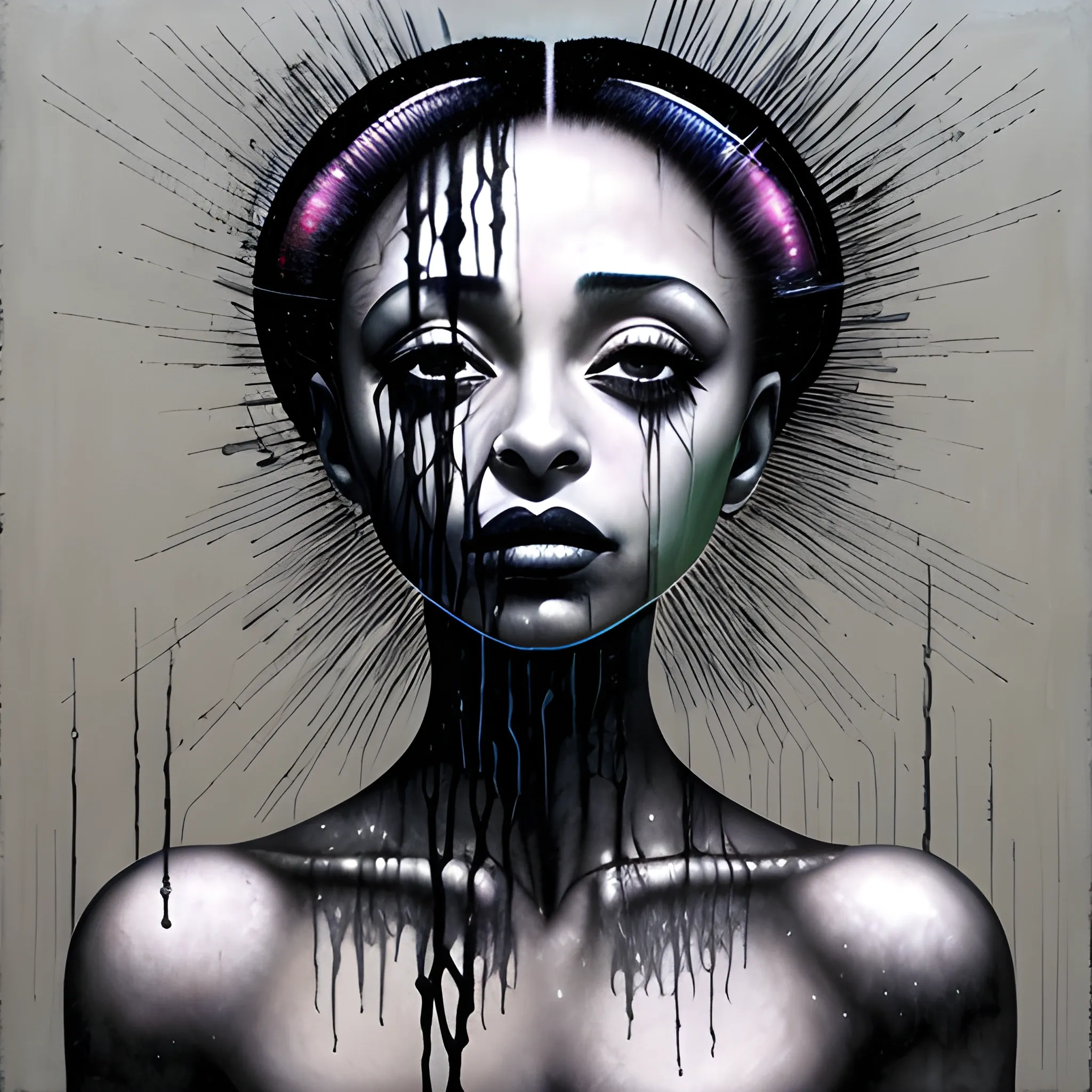  Masterpiece, scenic; Sade Adu; neon spray paint, acrylic paint, fantastical surrealist world, in the style of Stephen Gammell and Shawn Coss, extremely detailed, sick, gothic, eldritch