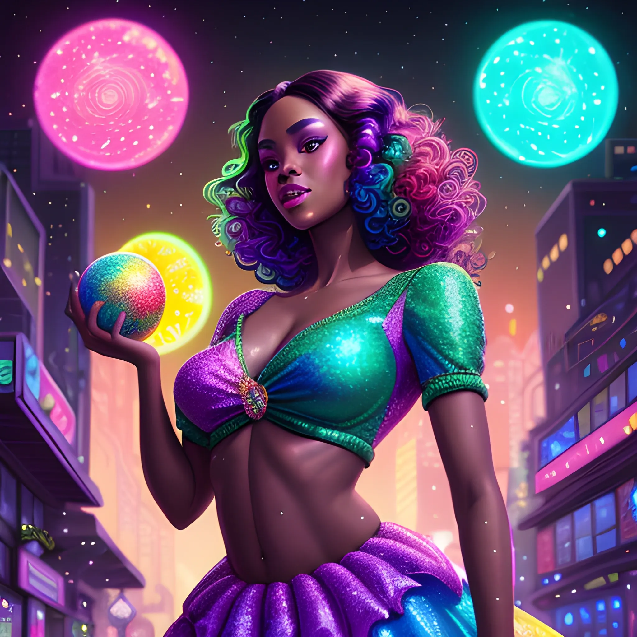 Charlotte Ayanna, perfect, anatomically correct perfect body, highly detailed beautiful face, green midriff dress, meticulously detailed multi-hued long dark curly hair, holding a purple ball in her hand; digital painting, smooth, sharp focus, colorful illustration, art by Lisa Frank, James R. Eads, artgerm and Maxfield Parrish; luminous color sparkles, glitter, neon, airbrush, Unreal Engine 5, Fausto-Giurescu, Tania Rivilis, Dan Mumford; luminous colorful sparkles, glitter, airbrush, depth of field, volumetric lighting, downtown