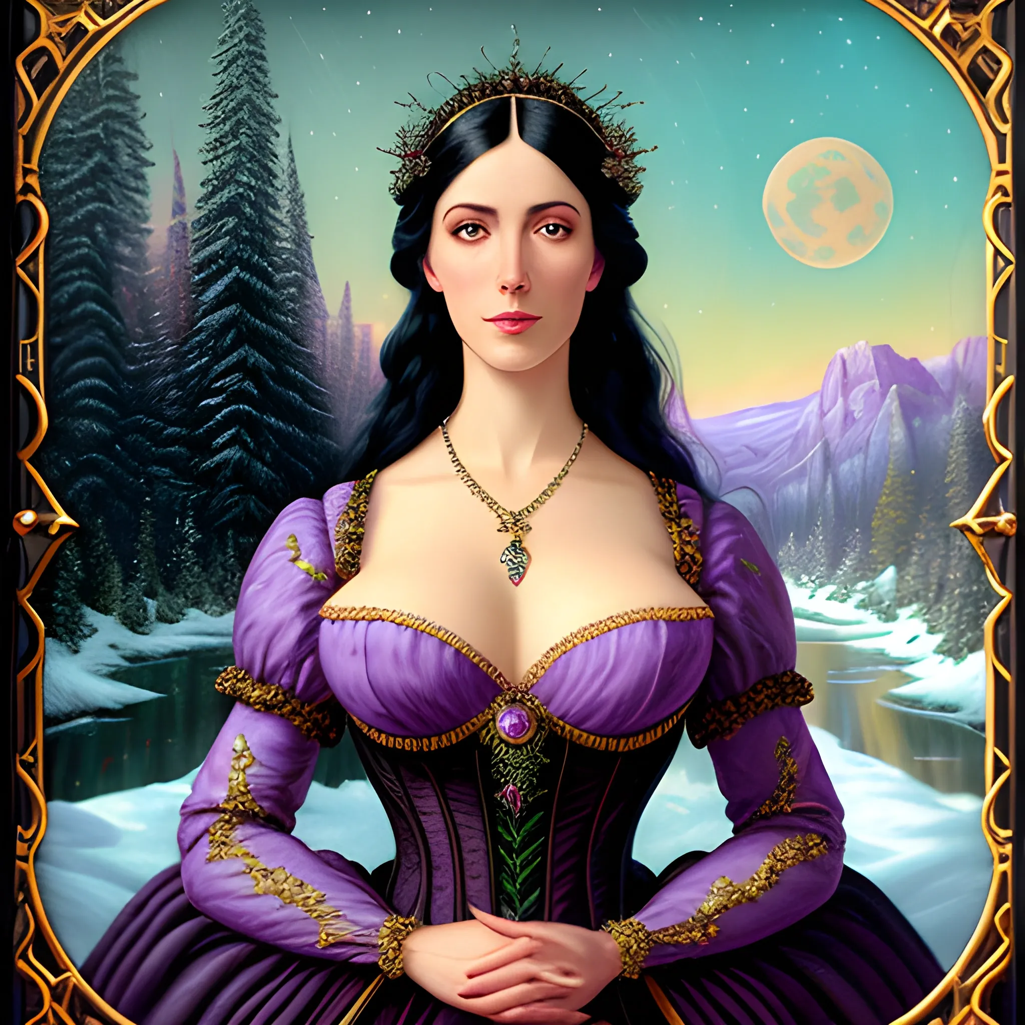 Lilac Princess, full body shot; beautiful woman wears a lavender sequined dress. She has long, sleek black hair, and stands in front of snow-covered pine trees and an icy river. Her features are symmetrical, lovely, and anatomically correct. She wears amethyst jewelry. Lips are soft, in a slight smile; behind her a cityscape, and full smooth moon in a nebula sky, clouds; fantasy, Vintage Art, 16k resolution, intricately detailed, Renaissance, Chromolithography Soft Shading; ethereal fantasy, realistic oil painting. Victorian era, glitter, old fashioned, vintage, antique, renaissance, gothic, eldritch, highly intricate, sophisticated and complex digital painting, concept art, hyperrealism, Cinema 4D, 8k resolution, 64 megapixels, CGSociety, ZBrushCentral, behance HD, hypermaximalist, parallax
