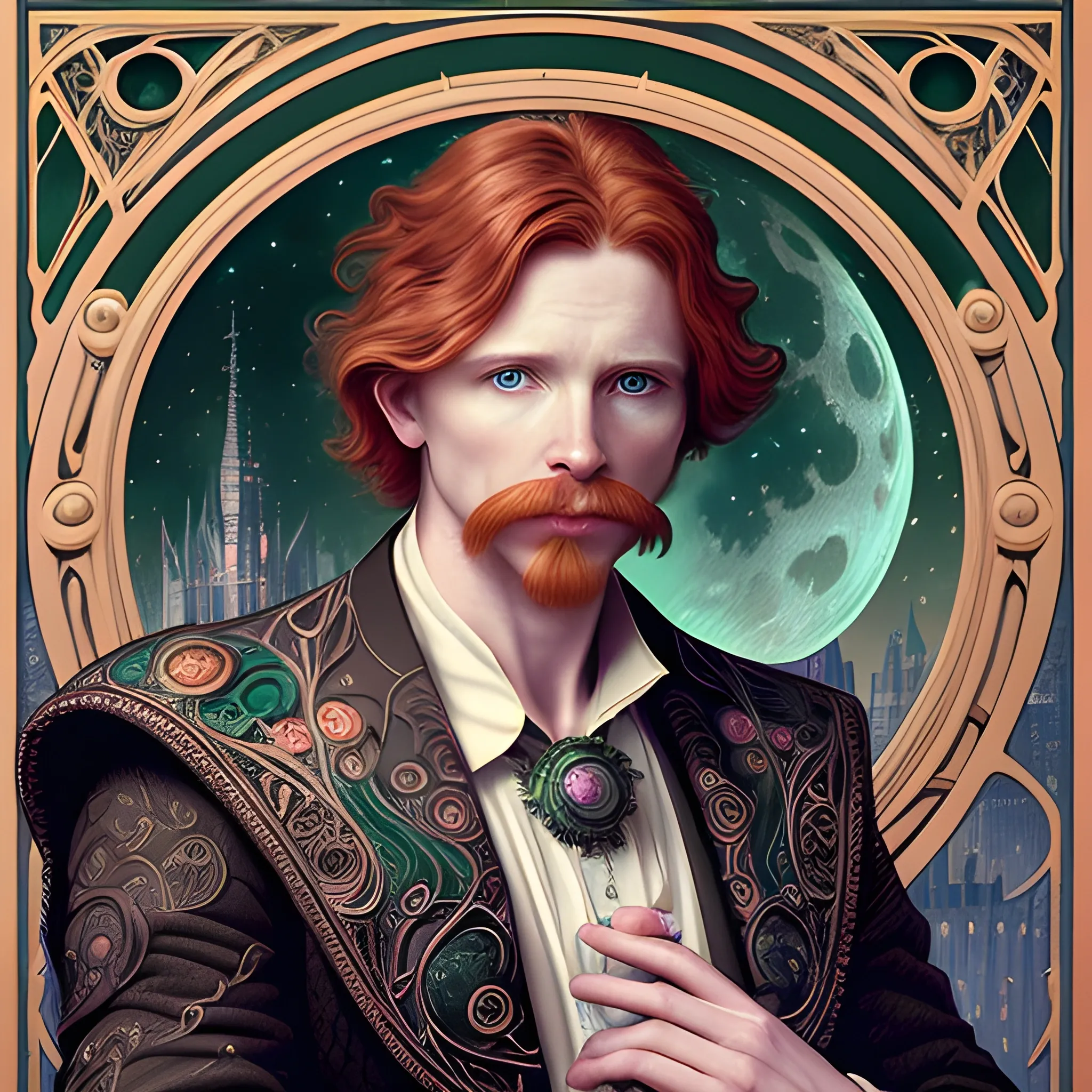 finely detailed eyes, male actor Courtney Gains, the man's hyperdetailed, softly freckled face, his clean, clear, detailed green eyes, meticulously detailed, multi-hued, long red hair; cityscape, full smooth moon in a nebula sky, clouds; fantasy, Vintage Art, 16k resolution art Nouveau poster; Alphonse Mucha, WLOP, Illustration intricately detailed, Renaissance, Chromolithography Soft Shading; ethereal fantasy maximalist matte painting. Catherine Abel, and James R. Eads, realistic oil painting. Victorian era, glitter, old fashioned, vintage, antique, renaissance, gothic, eldritch, highly intricate, sophisticated and complex digital painting, concept art, hyperrealism, Cinema 4D, 8k resolution, 64 megapixels, CGSociety, ZBrushCentral, behance HD, hypermaximalist, male, man