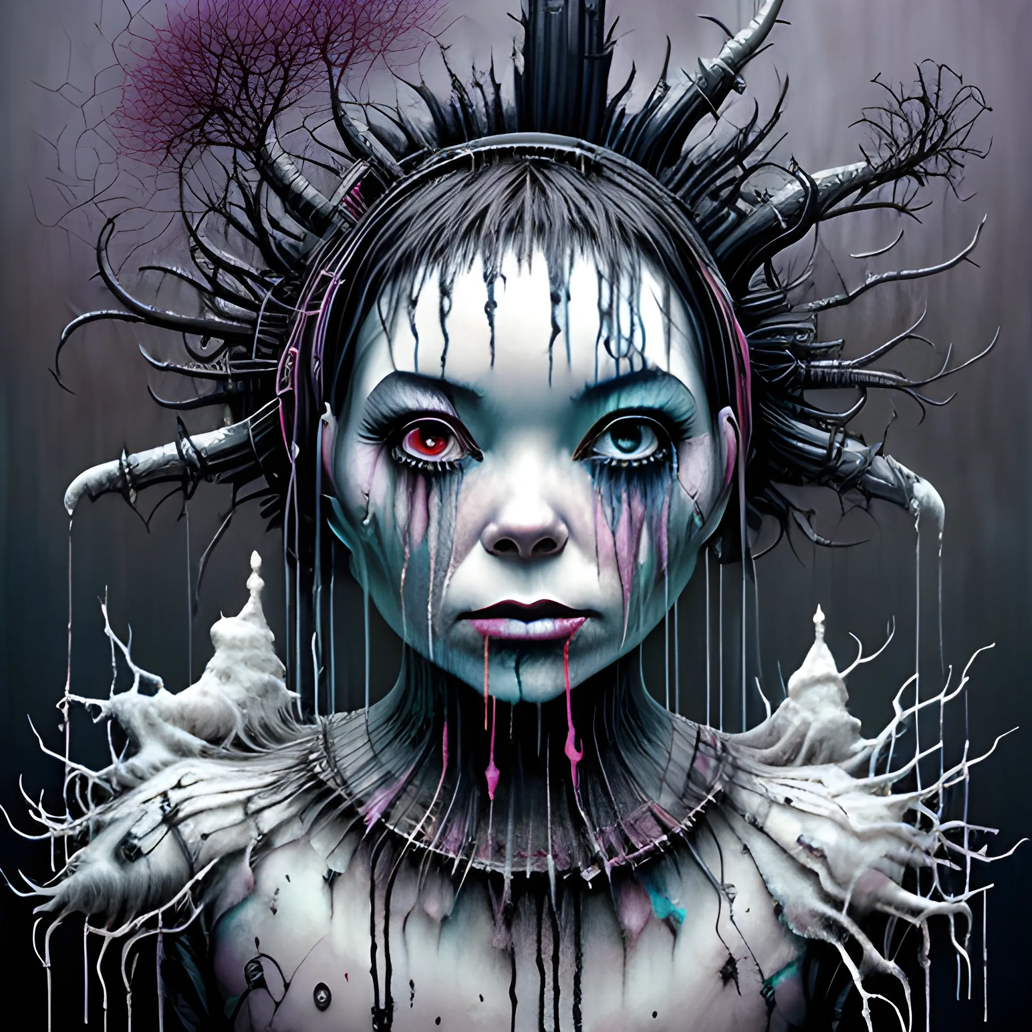  Masterpiece, scenic; Bjork; neon spray paint, acrylic paint, fantastical surrealist world, in the style of Stephen Gammell and Shawn Coss, extremely detailed, sick, gothic, eldritch