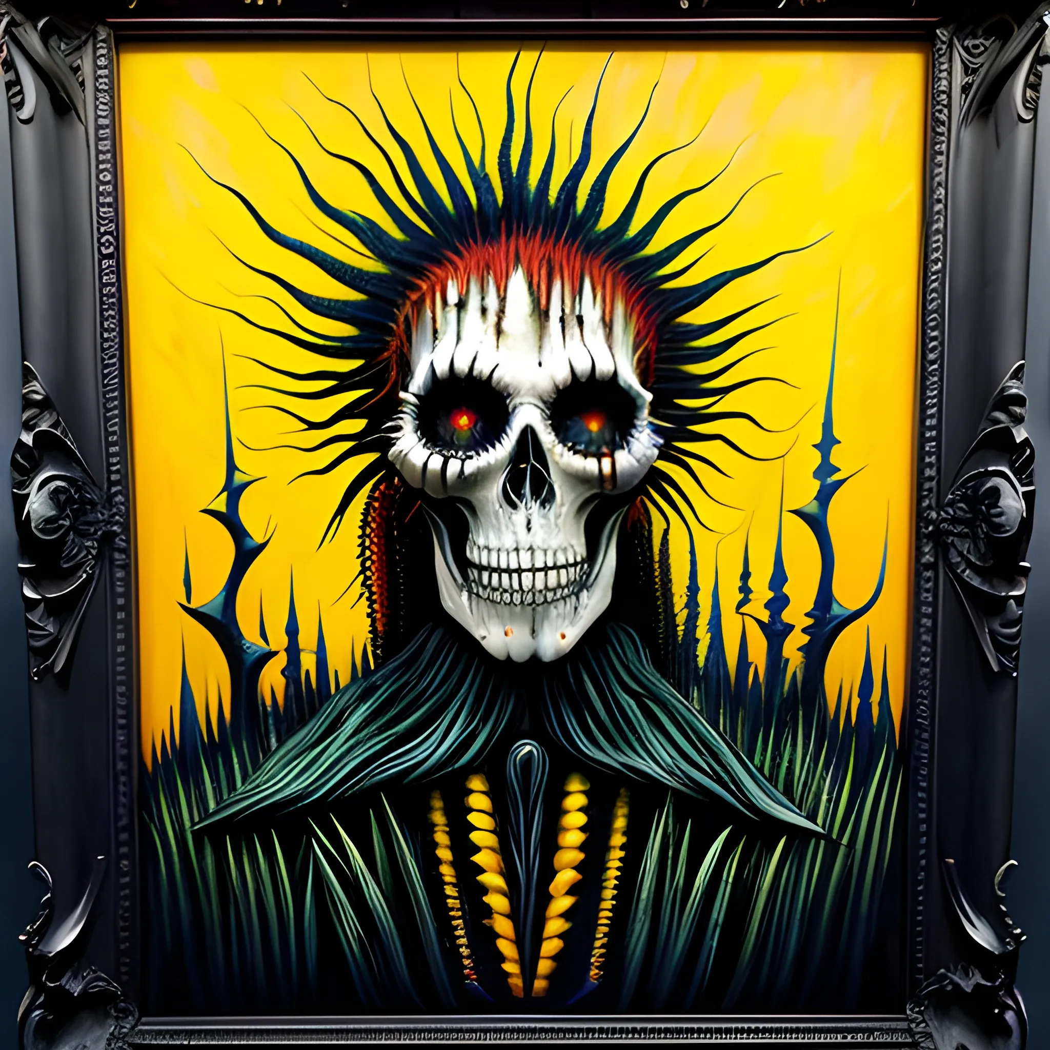  Masterpiece, scenic; Malachi, Children of the Corn; redhead Courtney Gains; neon spray paint, acrylic paint, fantastical surrealist world, cornfieldd, corncob, yellow corn; in the style of Stephen Gammell and Shawn Coss, extremely detailed, sick, gothic, eldritch; macabre, extreme color