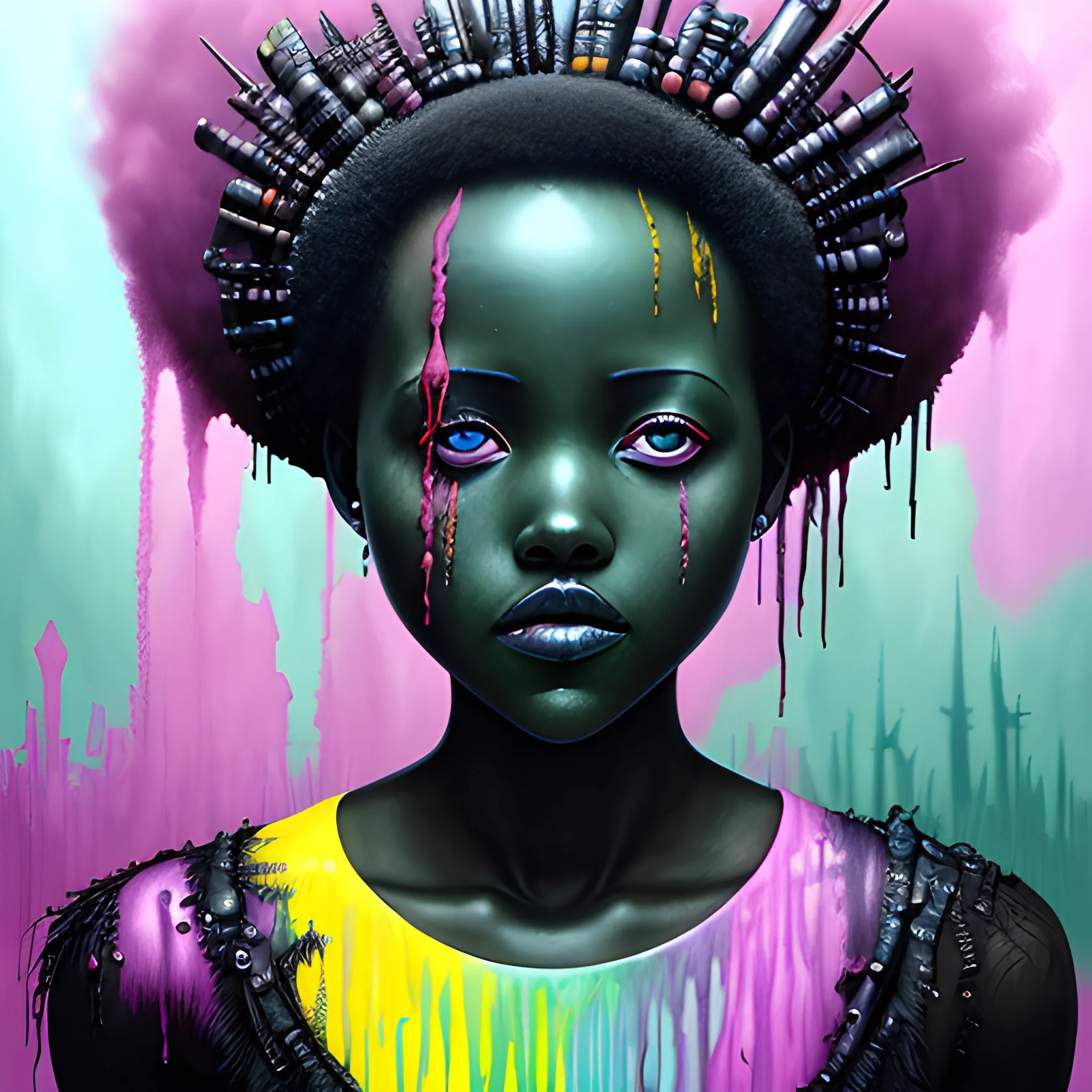  Masterpiece, scenic; Lupita Nyong'o; neon spray paint, acrylic paint, fantastical surrealist world, in the style of Stephen Gammell and Shawn Coss, extremely detailed, sick, gothic, eldritch