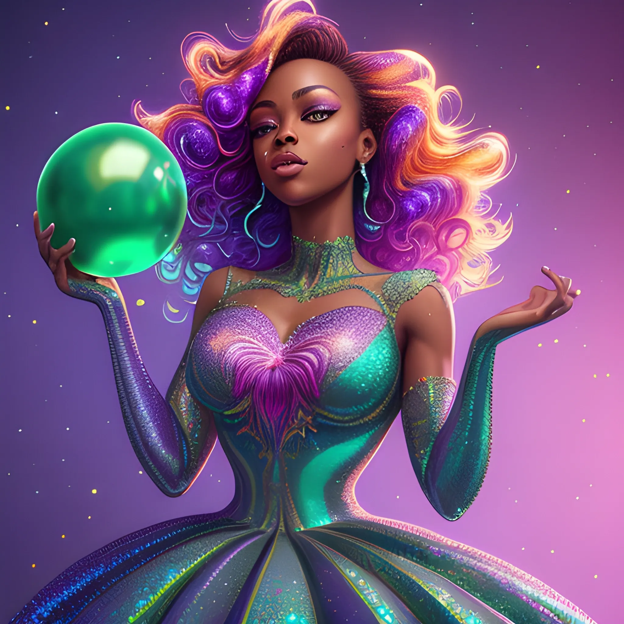 Charlotte Ayanna, perfect, anatomically correct perfect body, highly detailed beautiful face, green midriff dress, meticulously detailed multi-hued long dark curly hair, holding a purple ball in her hand; digital painting, smooth, sharp focus, colorful illustration, art by Lisa Frank, James R. Eads, artgerm and Maxfield Parrish; luminous color sparkles, glitter, neon, airbrush, Unreal Engine 5, Fausto-Giurescu, Tania Rivilis, Dan Mumford; luminous colorful sparkles, glitter, airbrush, depth of field, volumetric lighting, downtown