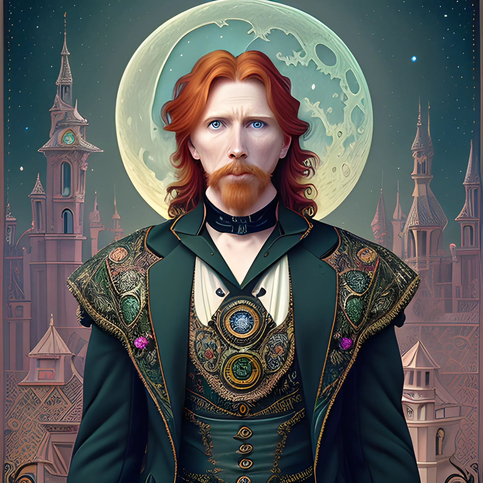 finely detailed eyes, male actor Courtney Gains, the man's hyperdetailed, softly freckled face, his clean, clear, detailed green eyes, meticulously detailed, multi-hued, long red hair; cityscape, full smooth moon in a nebula sky, clouds; fantasy, Vintage Art, 16k resolution art Nouveau poster; Alphonse Mucha, WLOP, Illustration intricately detailed, Renaissance, Chromolithography Soft Shading; ethereal fantasy maximalist matte painting. Catherine Abel, and James R. Eads, realistic oil painting. Victorian era, glitter, old fashioned, vintage, antique, renaissance, gothic, eldritch, highly intricate, sophisticated and complex digital painting, concept art, hyperrealism, Cinema 4D, 8k resolution, 64 megapixels, CGSociety, ZBrushCentral, behance HD, hypermaximalist, male, man