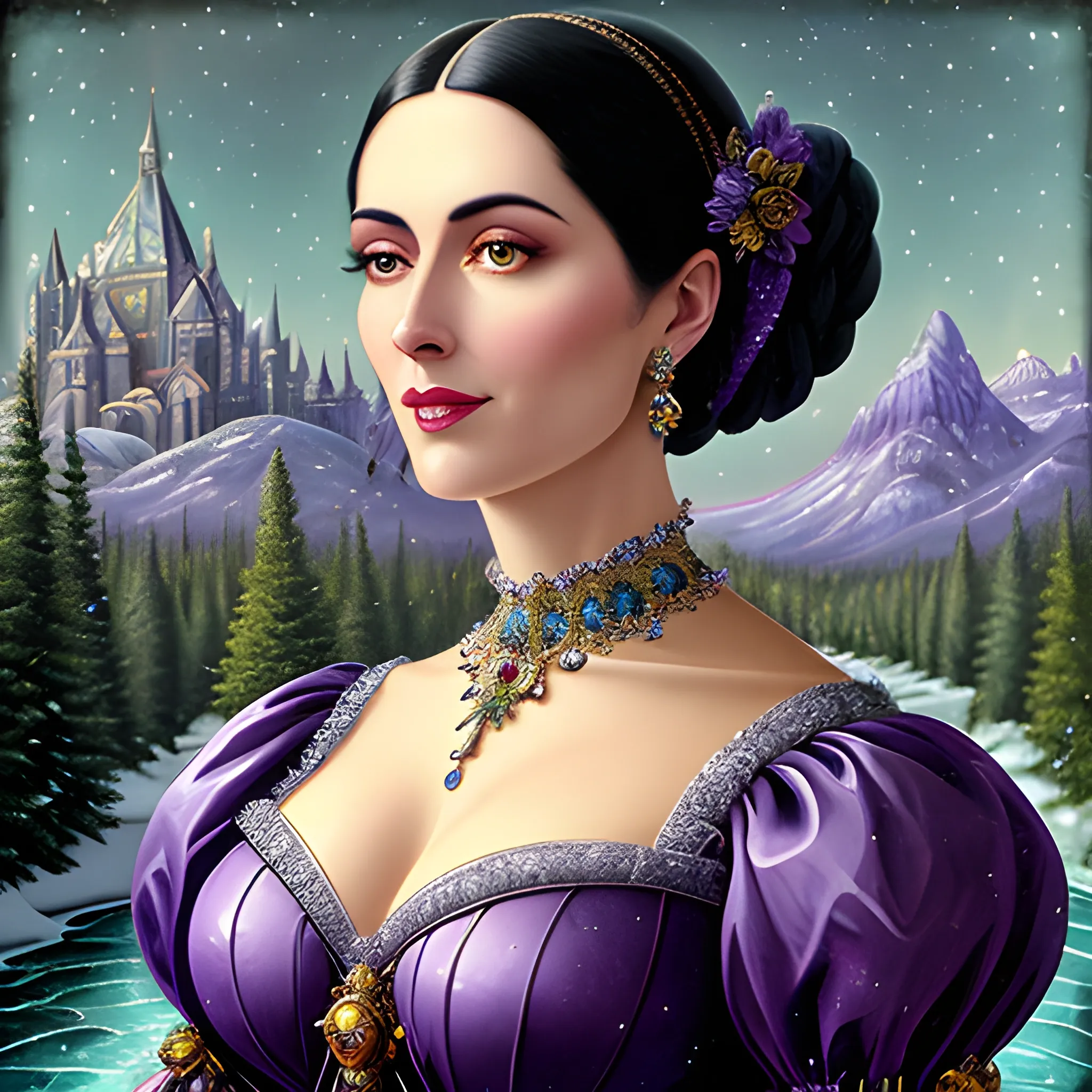 Lilac Princess, full body shot; beautiful woman wears a lavender sequined dress. She has long, sleek black hair, and stands in front of snow-covered pine trees and an icy river. Her features are symmetrical, lovely, and anatomically correct. She wears amethyst jewelry. Lips are soft, in a slight smile; behind her a cityscape, and full smooth moon in a nebula sky, clouds; fantasy, Vintage Art, 16k resolution, intricately detailed, Renaissance, Chromolithography Soft Shading; ethereal fantasy, realistic oil painting. Victorian era, glitter, old fashioned, vintage, antique, renaissance, gothic, eldritch, highly intricate, sophisticated and complex digital painting, concept art, hyperrealism, Cinema 4D, 8k resolution, 64 megapixels, CGSociety, ZBrushCentral, behance HD, hypermaximalist, parallax
