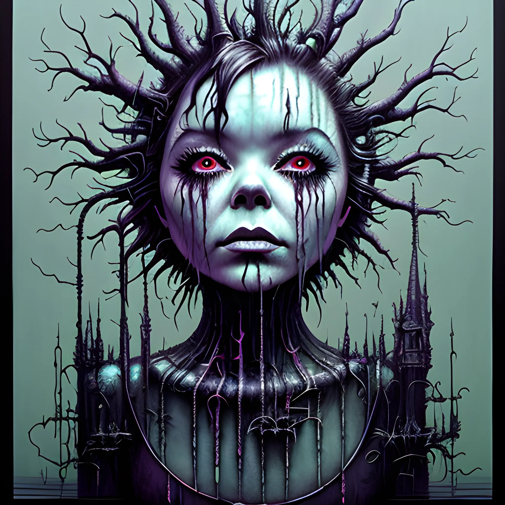  Masterpiece, scenic; Bjork; neon spray paint, acrylic paint, fantastical surrealist world, in the style of Stephen Gammell and Shawn Coss, extremely detailed, sick, gothic, eldritch