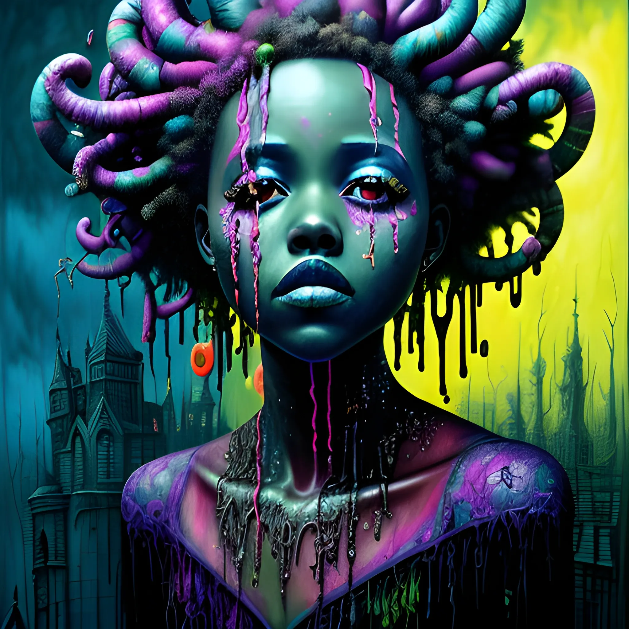  Masterpiece, scenic; Lupita Nyong'o; neon spray paint, acrylic paint, fantastical surrealist world, in the style of Stephen Gammell and Shawn Coss, extremely detailed, sick, gothic, eldritch