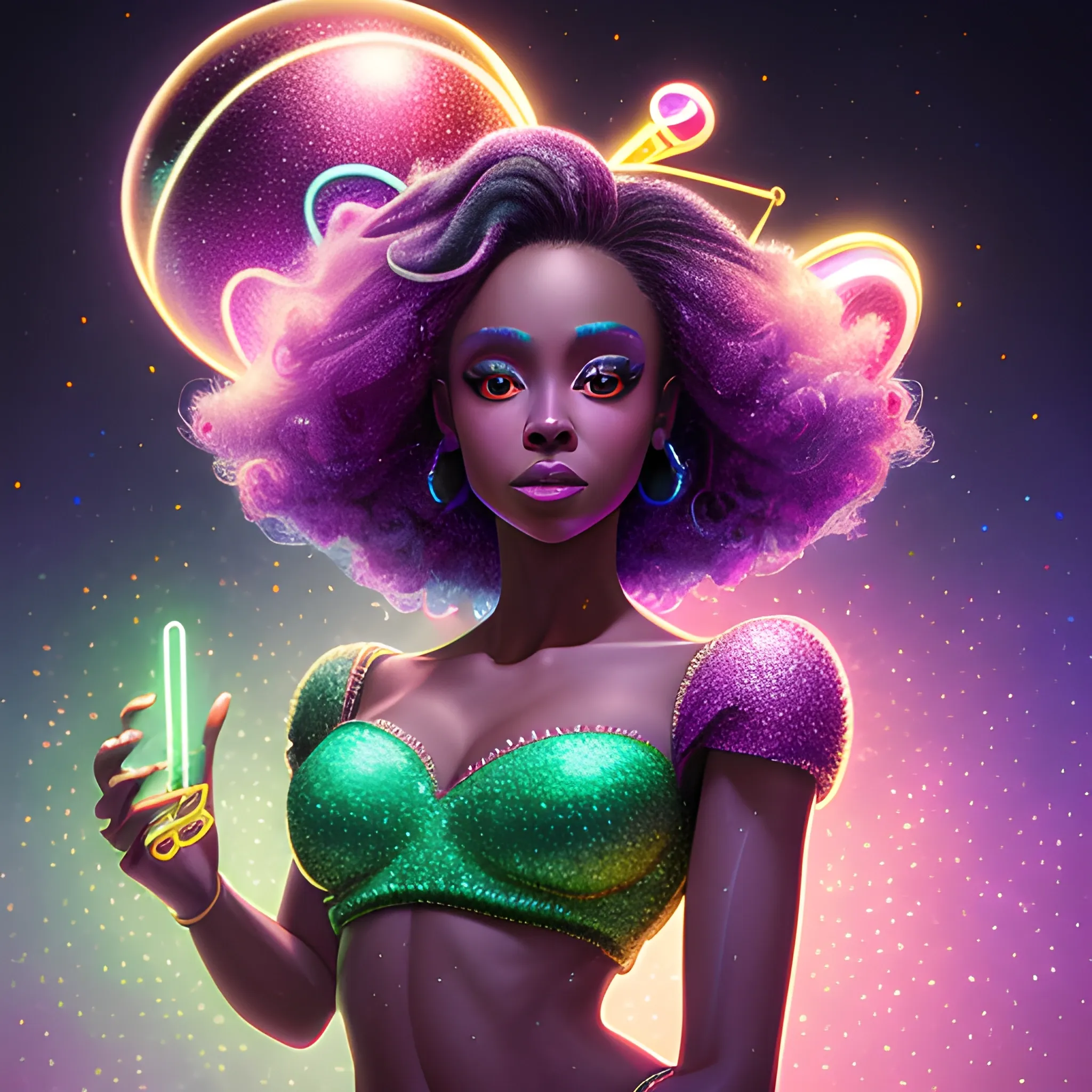 Charlotte Ayanna, perfect, anatomically correct perfect body, highly detailed beautiful face, green midriff dress, meticulously detailed multi-hued long dark curly hair, holding a purple ball in her hand; digital painting, smooth, sharp focus, colorful illustration, art by Lisa Frank, James R. Eads, artgerm and Maxfield Parrish; luminous color sparkles, glitter, neon, airbrush, Unreal Engine 5, Fausto-Giurescu, Tania Rivilis, Dan Mumford; luminous colorful sparkles, glitter, airbrush, depth of field, volumetric lighting, downtown