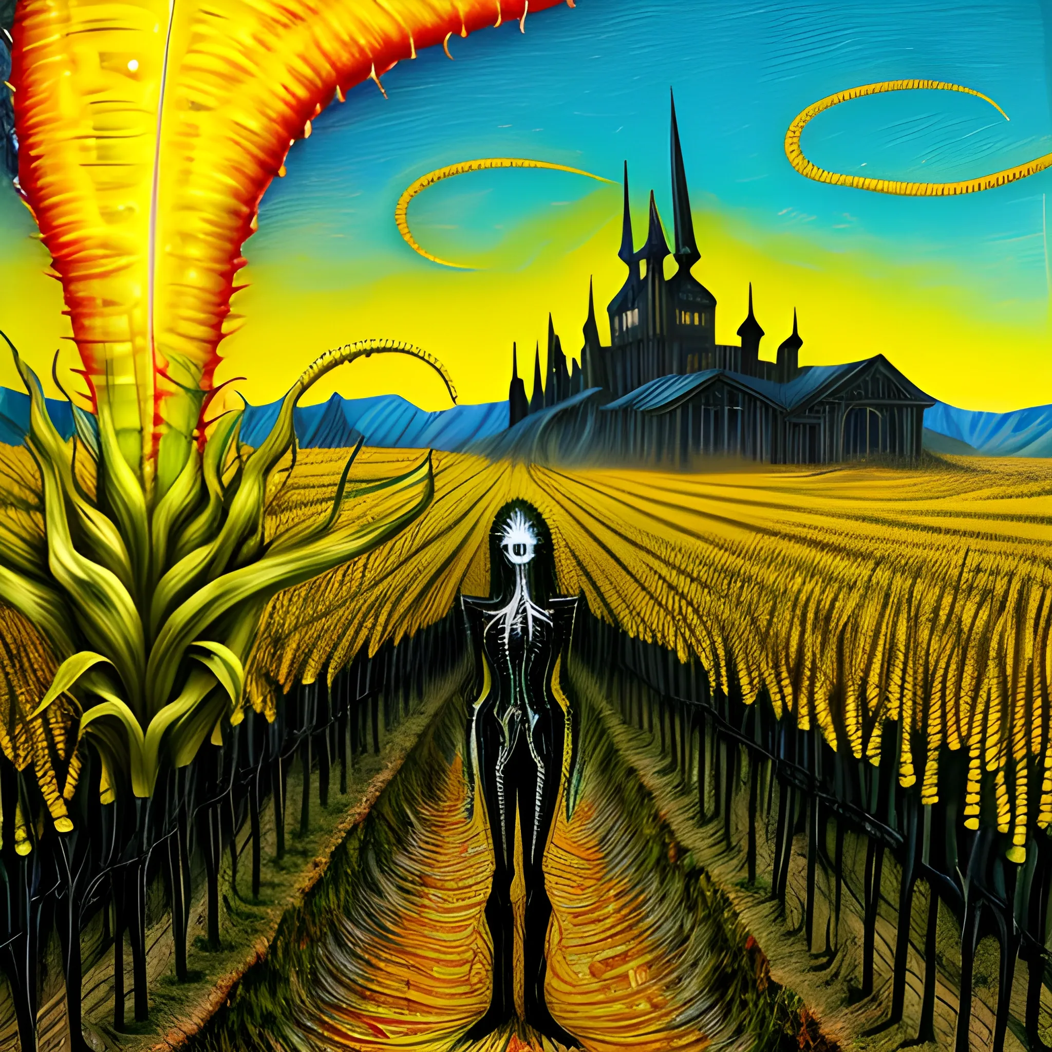  Masterpiece, scenic; Malachi, Children of the Corn; redhead Courtney Gains; neon spray paint, acrylic paint, fantastical surrealist world, cornfieldd, corncob, yellow corn; in the style of Stephen Gammell and Shawn Coss, extremely detailed, sick, gothic, eldritch; macabre, extreme color