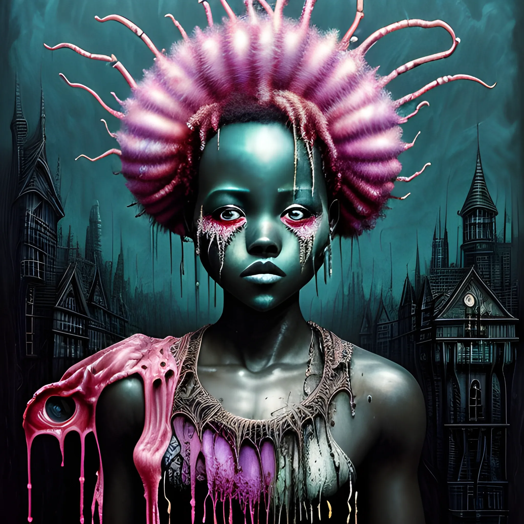  Masterpiece, scenic; Lupita Nyong'o; neon spray paint, acrylic paint, fantastical surrealist world, in the style of Stephen Gammell and Shawn Coss, extremely detailed, sick, gothic, eldritch