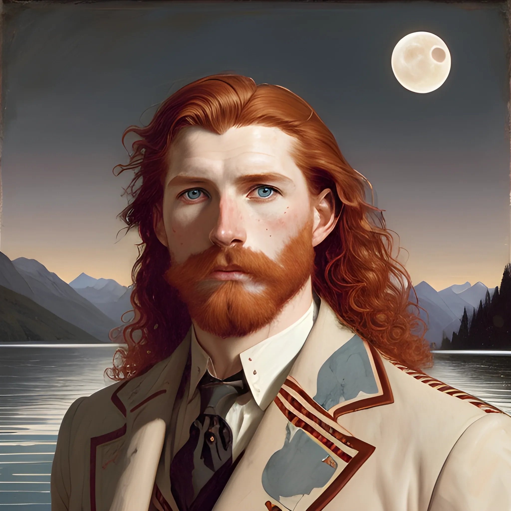 Gwilym Pugh, long red curly hair, chiseled, handsome highly detailed symmetrical face, freckles, perfect face, hyperdetailed eyes and an athletic, long, lean masculine body, under a painted neblua sky, full moon; by a lake, mountains; spooky ambiance, by gaston bussiere, craig mullins, j. c. leyendecker