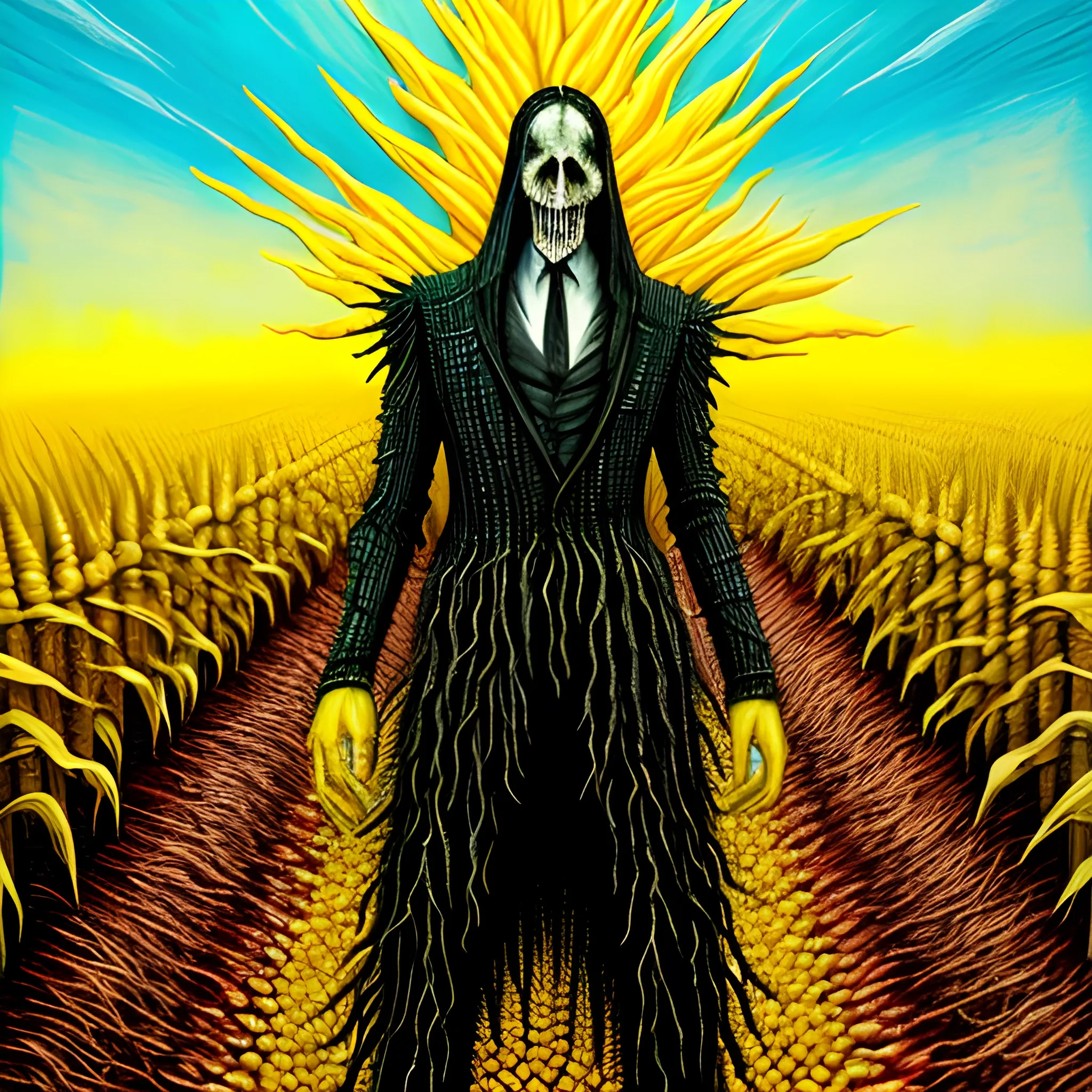  Masterpiece, scenic; Malachi, Children of the Corn; redhead Courtney Gains; neon spray paint, acrylic paint, fantastical surrealist world, cornfieldd, corncob, yellow corn; in the style of Stephen Gammell and Shawn Coss, extremely detailed, sick, gothic, eldritch; macabre, extreme color