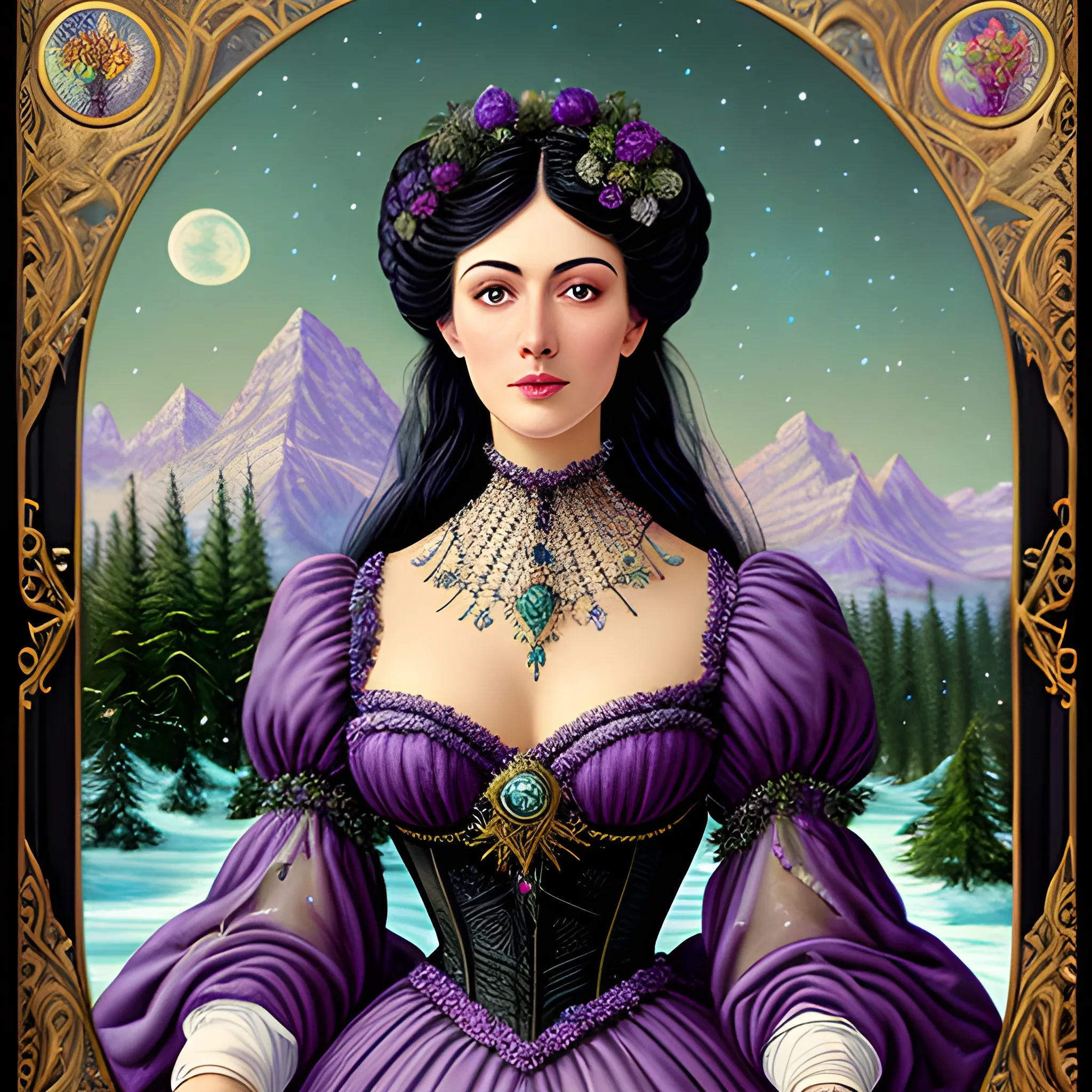 Lilac Princess, full body shot; beautiful woman wears a lavender sequined dress. She has long, sleek black hair, and stands in front of snow-covered pine trees and an icy river. Her features are symmetrical, lovely, and anatomically correct. She wears amethyst jewelry. Lips are soft, in a slight smile; behind her a cityscape, and full smooth moon in a nebula sky, clouds; fantasy, Vintage Art, 16k resolution, intricately detailed, Renaissance, Chromolithography Soft Shading; ethereal fantasy, realistic oil painting. Victorian era, glitter, old fashioned, vintage, antique, renaissance, gothic, eldritch, highly intricate, sophisticated and complex digital painting, concept art, hyperrealism, Cinema 4D, 8k resolution, 64 megapixels, CGSociety, ZBrushCentral, behance HD, hypermaximalist, parallax
