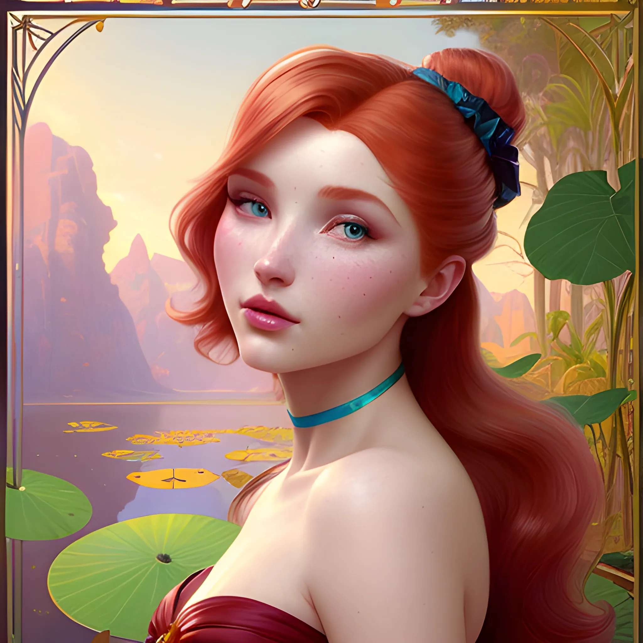 Elsa Hosk / Dove Cameron face morph; beautiful twins at a lotus pond; red hair, gold-hazel eyes; highly detailed beautiful faces; glitter, renaissance; high contrast, pastel, sorbet, pearlescent, Unreal Engine 5; by Dan Parent, Alphonse Mucha, Artgerm, WLOP, intricately detailed, fantasy, bizarre, beautiful, Chromolithography, Soft Shading, Unreal Engine; digital painting, smooth, sharp focus, illustration, art by lisa frank, Steve Goad, Frank Frazetta, William-Adolphe Bouguereau, Unreal Engine 5, Cartoon, 3D, Oil Painting; dark red hair