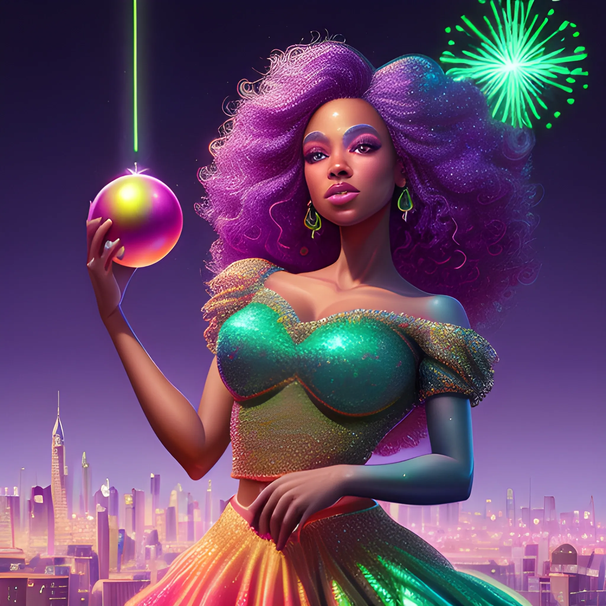 Charlotte Ayanna, perfect, anatomically correct perfect body, highly detailed beautiful face, green midriff dress, meticulously detailed multi-hued long dark curly hair, holding a purple ball in her hand; digital painting, smooth, sharp focus, colorful illustration, art by Lisa Frank, James R. Eads, artgerm and Maxfield Parrish; luminous color sparkles, glitter, neon, airbrush, Unreal Engine 5, Fausto-Giurescu, Tania Rivilis, Dan Mumford; luminous colorful sparkles, glitter, airbrush, depth of field, volumetric lighting, downtown