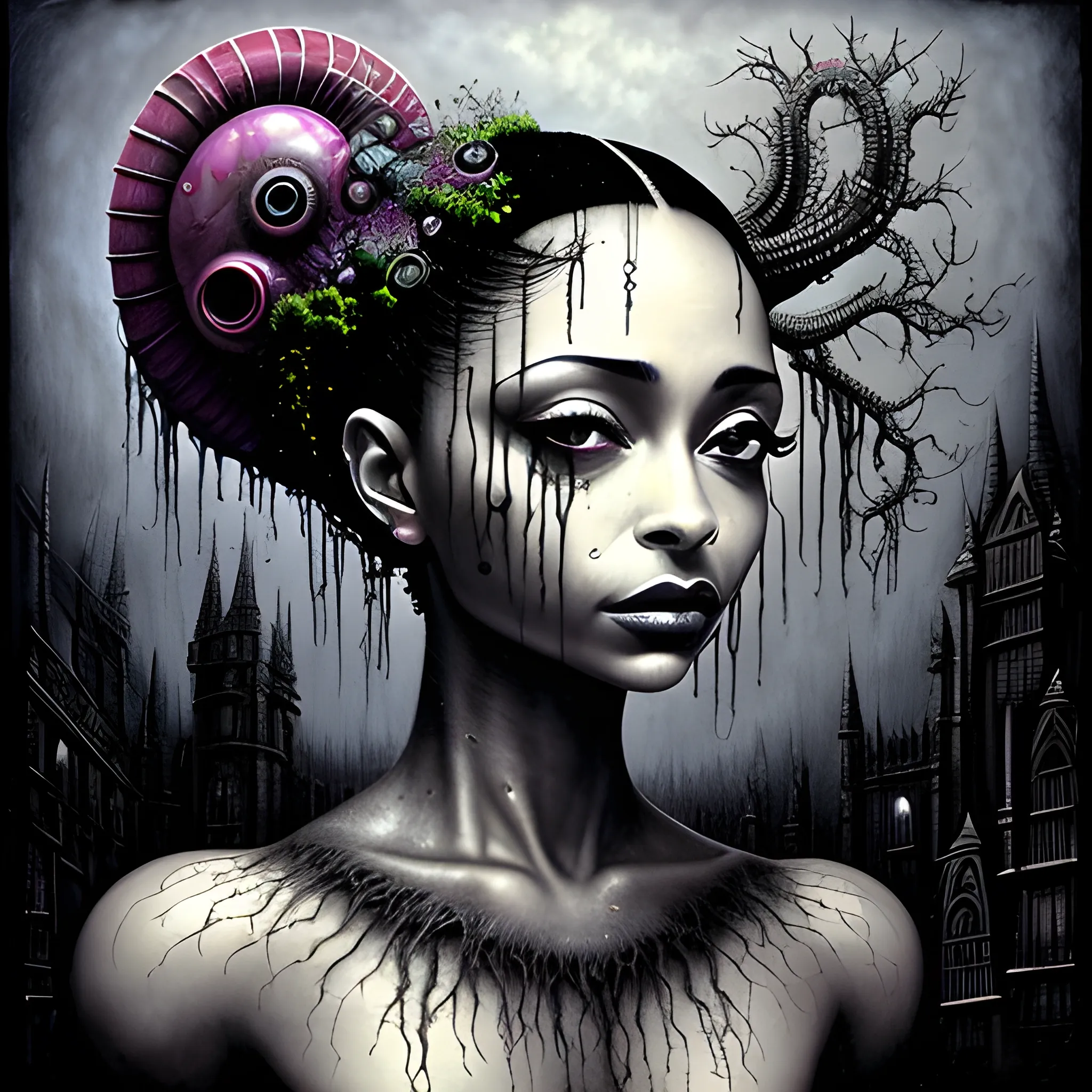  Masterpiece, scenic; Sade Adu; neon spray paint, acrylic paint, fantastical surrealist world, in the style of Stephen Gammell and Shawn Coss, extremely detailed, sick, gothic, eldritch