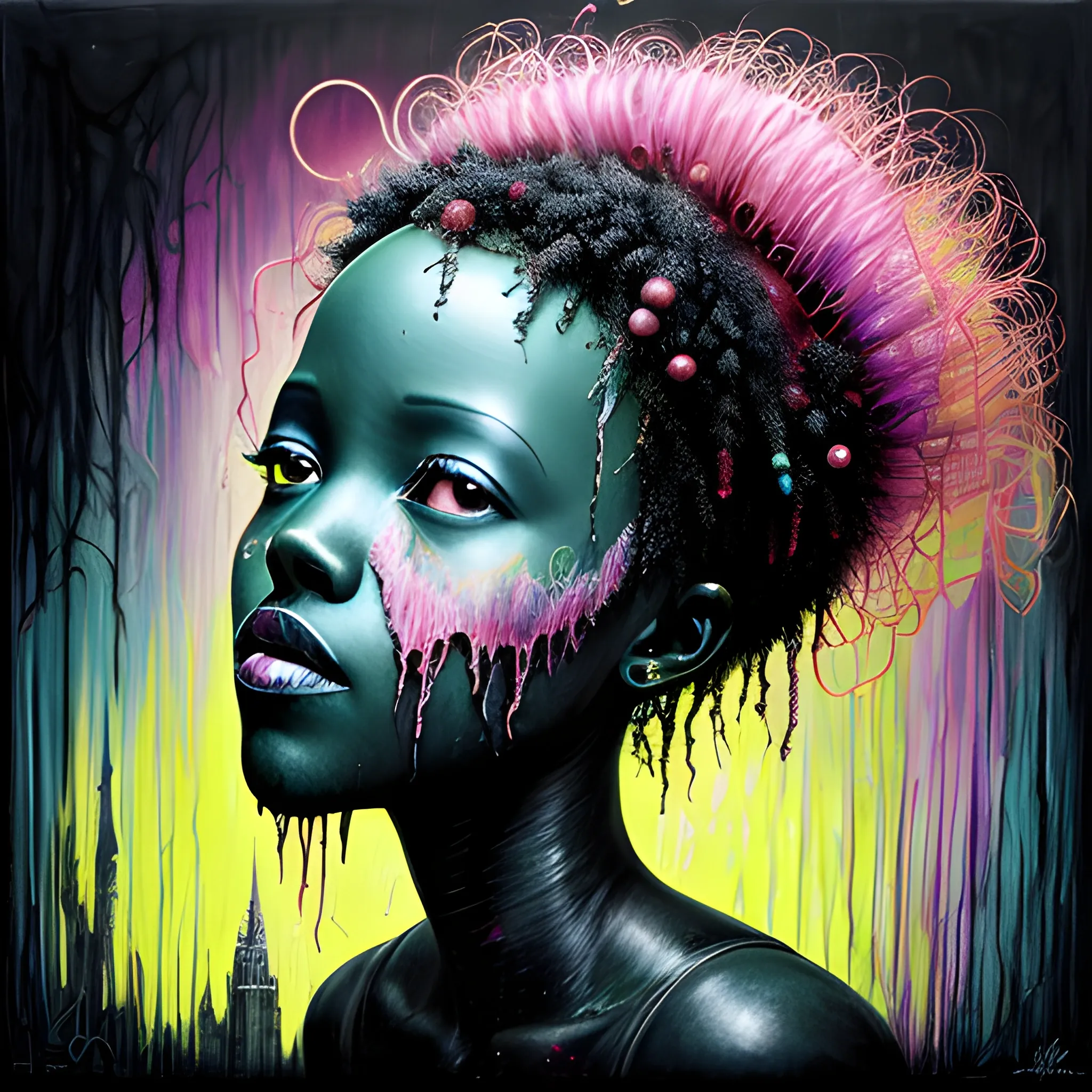  Masterpiece, scenic; Lupita Nyong'o; neon spray paint, acrylic paint, fantastical surrealist world, in the style of Stephen Gammell and Shawn Coss, extremely detailed, sick, gothic, eldritch