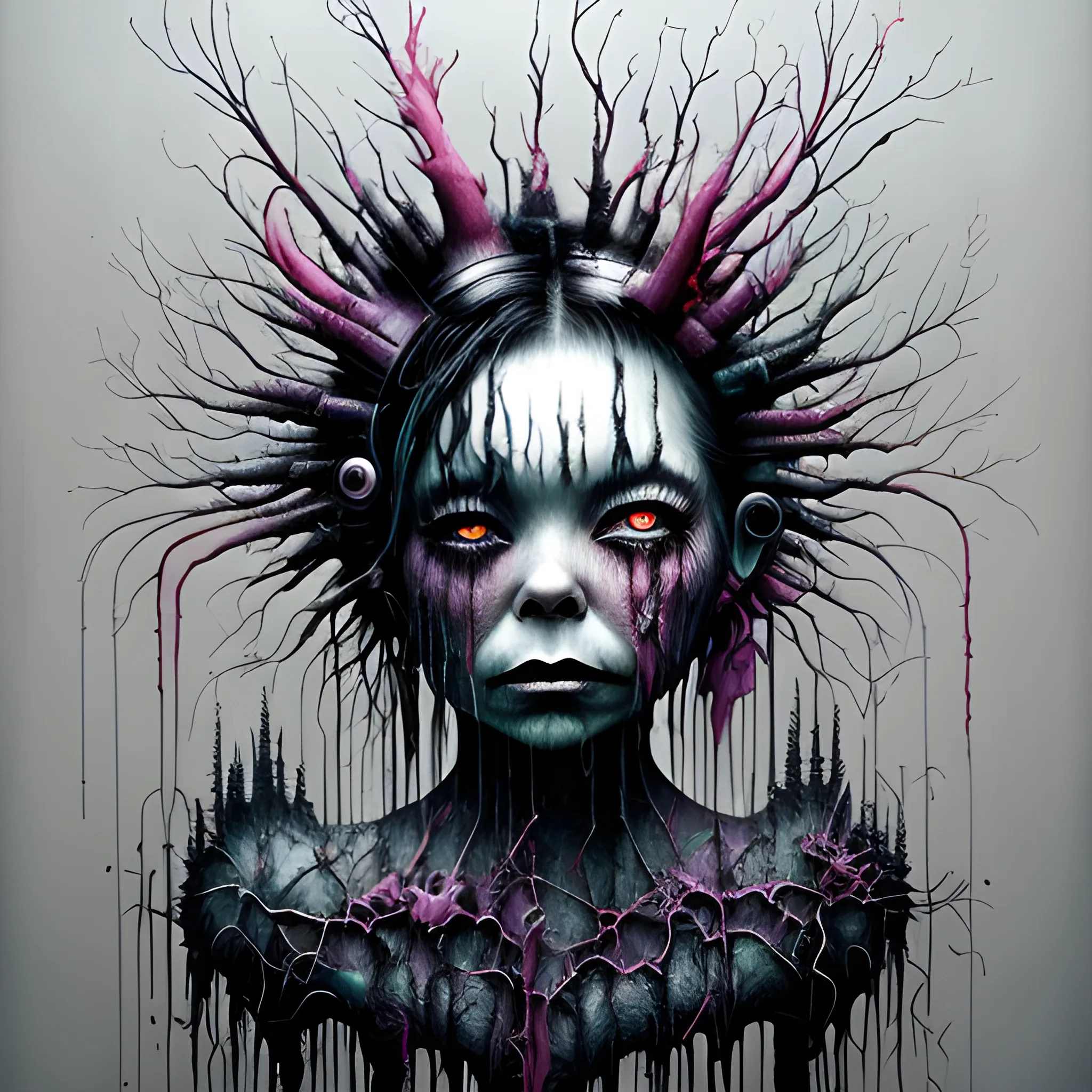  Masterpiece, scenic; Bjork; neon spray paint, acrylic paint, fantastical surrealist world, in the style of Stephen Gammell and Shawn Coss, extremely detailed, sick, gothic, eldritch