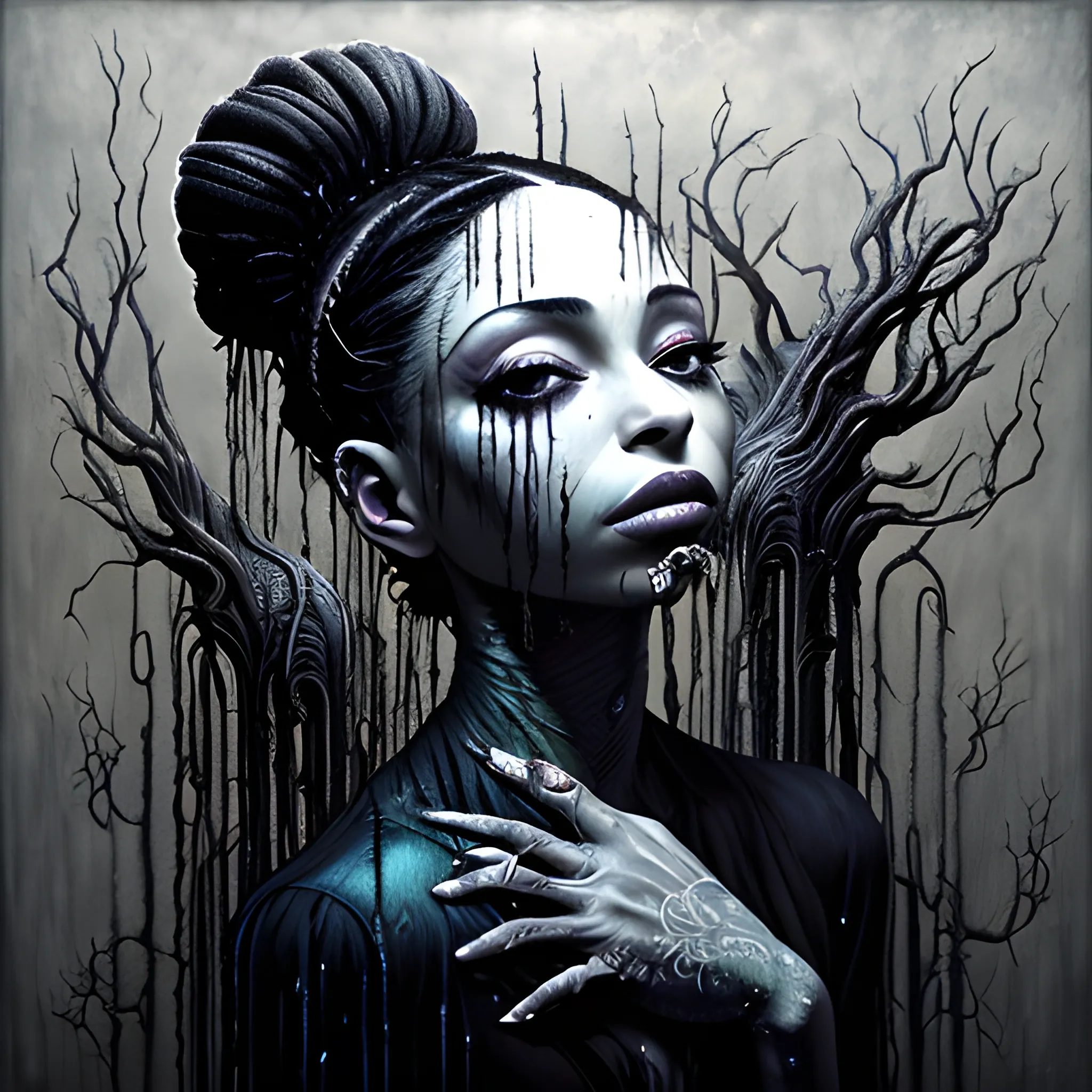  Masterpiece, scenic; Sade Adu; neon spray paint, acrylic paint, fantastical surrealist world, in the style of Stephen Gammell and Shawn Coss, extremely detailed, sick, gothic, eldritch