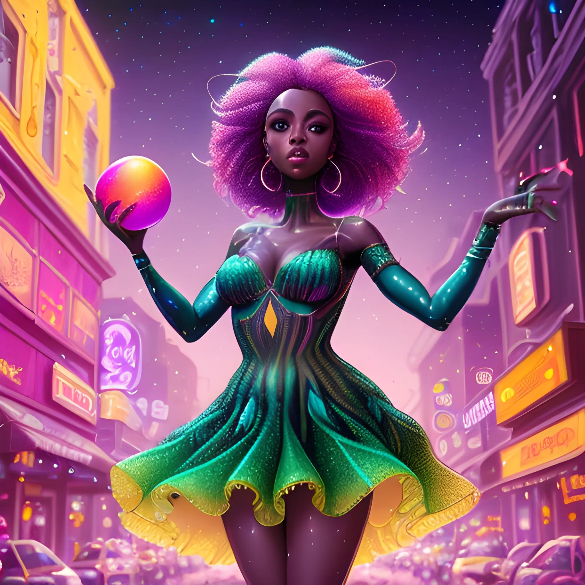 Charlotte Ayanna, perfect, anatomically correct perfect body, highly detailed beautiful face, green midriff dress, meticulously detailed multi-hued long dark curly hair, holding a purple ball in her hand; digital painting, smooth, sharp focus, colorful illustration, art by Lisa Frank, James R. Eads, artgerm and Maxfield Parrish; luminous color sparkles, glitter, neon, airbrush, Unreal Engine 5, Fausto-Giurescu, Tania Rivilis, Dan Mumford; luminous colorful sparkles, glitter, airbrush, depth of field, volumetric lighting, downtown