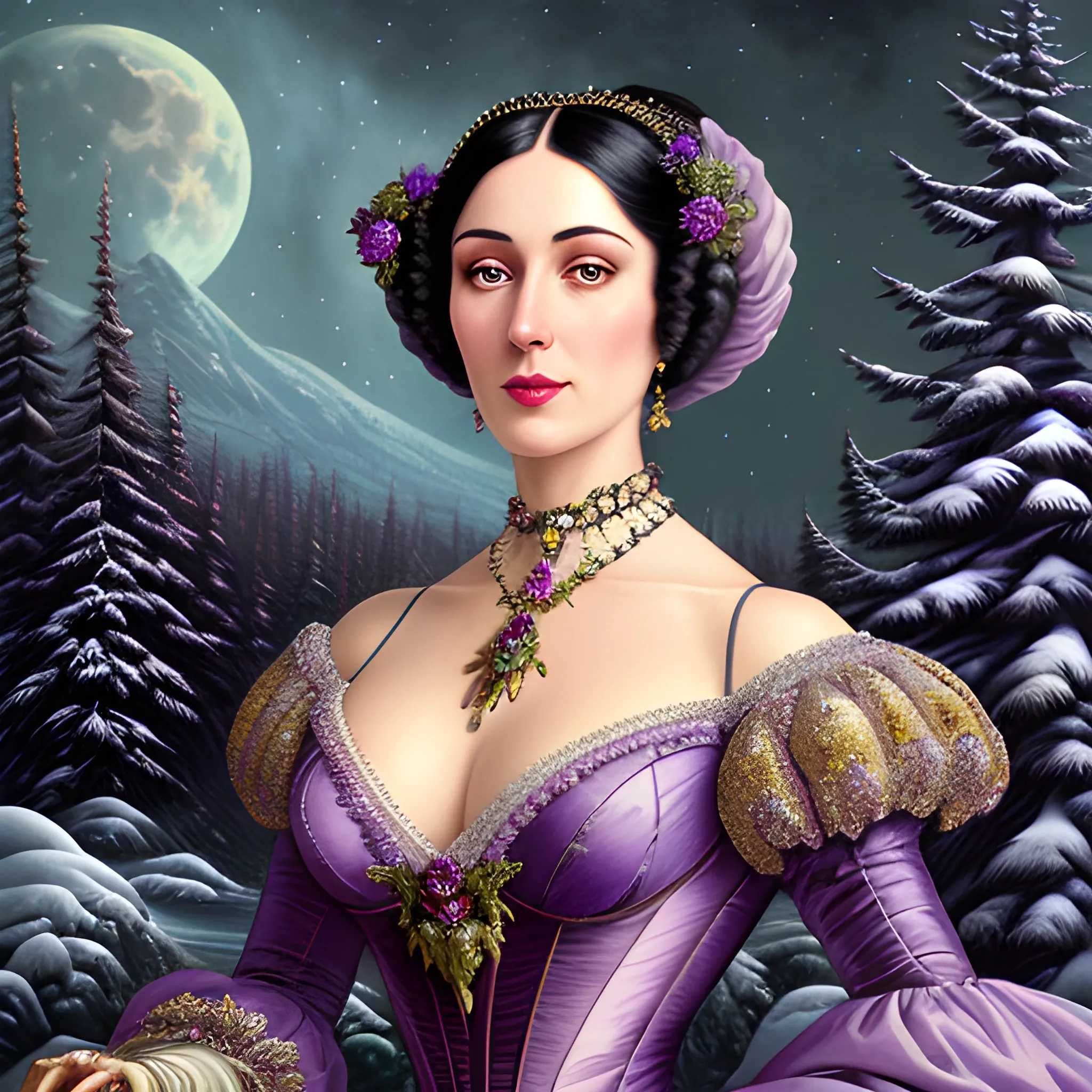 Lilac Princess, full body shot; beautiful woman wears a lavender sequined dress. She has long, sleek black hair, and stands in front of snow-covered pine trees and an icy river. Her features are symmetrical, lovely, and anatomically correct. She wears amethyst jewelry. Lips are soft, in a slight smile; behind her a cityscape, and full smooth moon in a nebula sky, clouds; fantasy, Vintage Art, 16k resolution, intricately detailed, Renaissance, Chromolithography Soft Shading; ethereal fantasy, realistic oil painting. Victorian era, glitter, old fashioned, vintage, antique, renaissance, gothic, eldritch, highly intricate, sophisticated and complex digital painting, concept art, hyperrealism, Cinema 4D, 8k resolution, 64 megapixels, CGSociety, ZBrushCentral, behance HD, hypermaximalist, parallax
