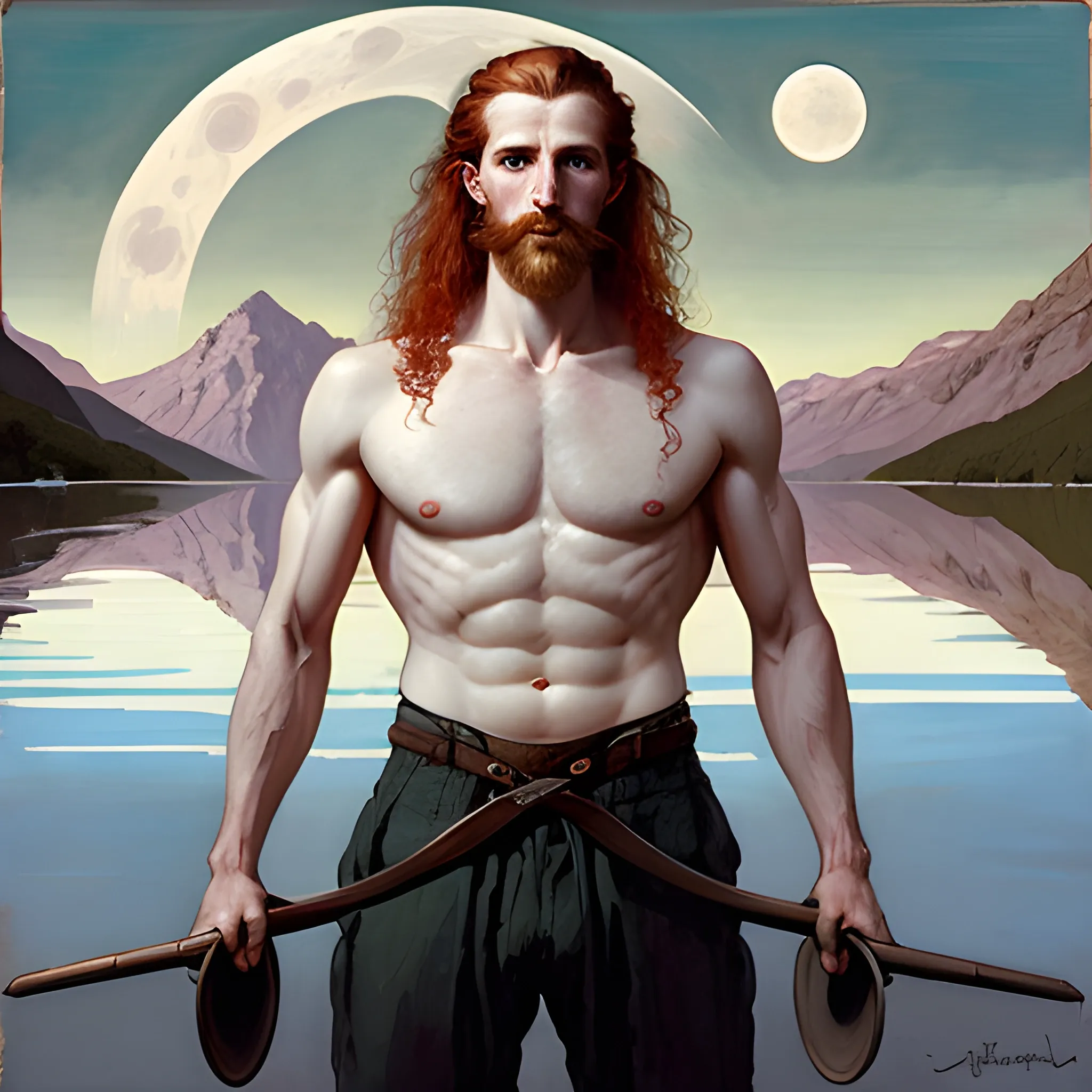 Gwilym Pugh, long red curly hair, chiseled, handsome highly detailed symmetrical face, freckles, perfect face, hyperdetailed eyes and an athletic, long, lean masculine body, under a painted neblua sky, full moon; by a lake, mountains; spooky ambiance, by gaston bussiere, craig mullins, j. c. leyendecker