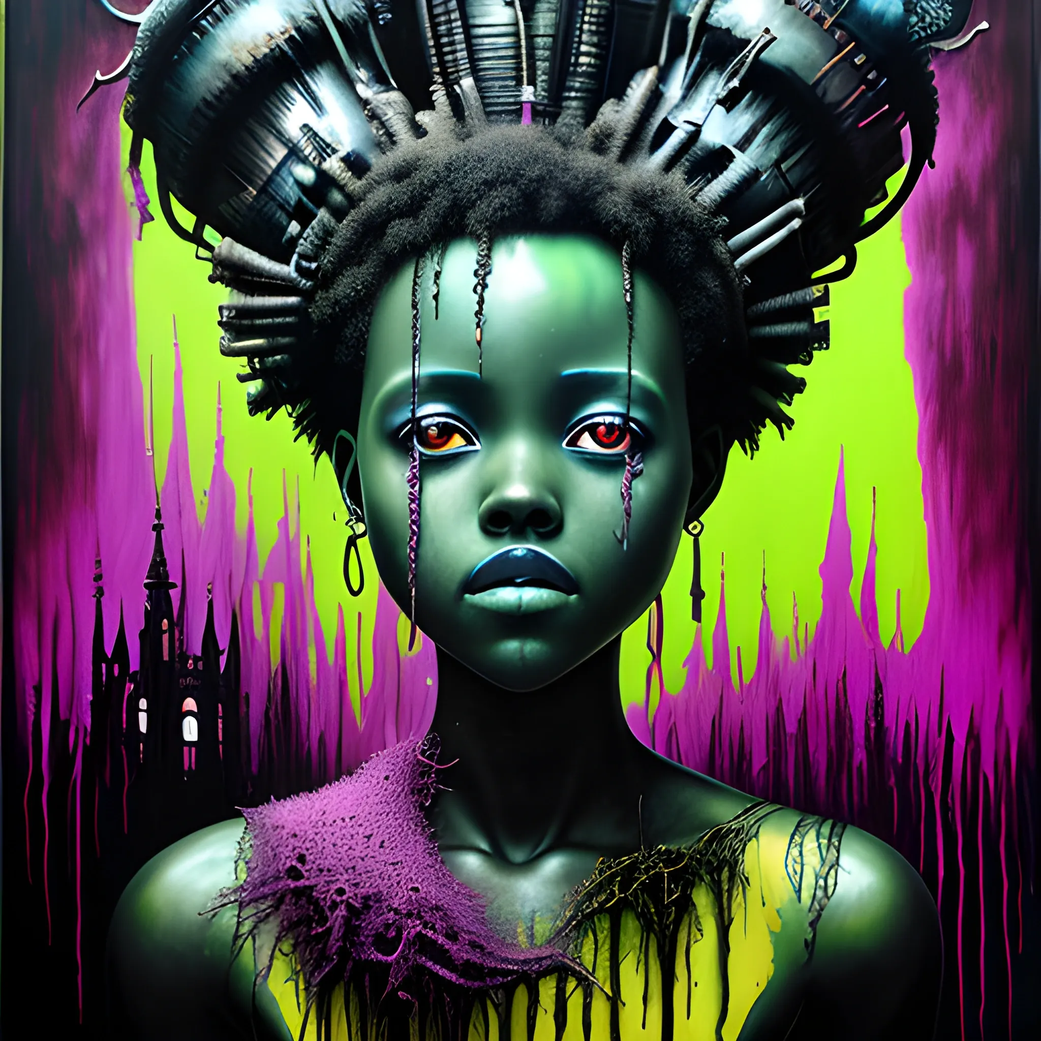  Masterpiece, scenic; Lupita Nyong'o; neon spray paint, acrylic paint, fantastical surrealist world, in the style of Stephen Gammell and Shawn Coss, extremely detailed, sick, gothic, eldritch