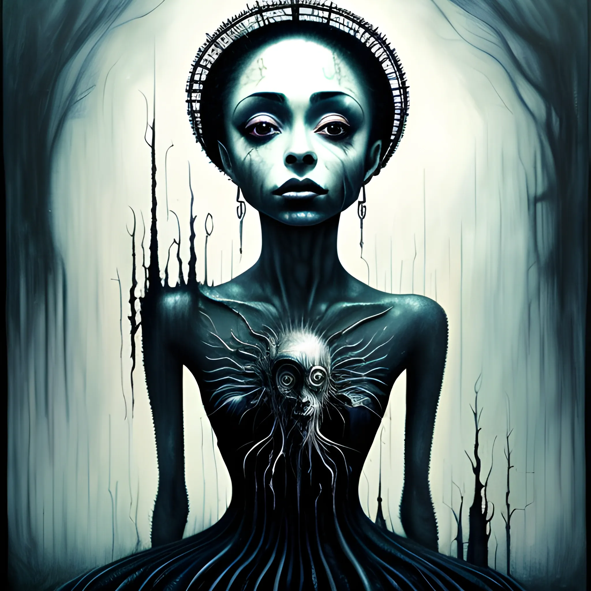  Masterpiece, scenic; Sade Adu; neon spray paint, acrylic paint, fantastical surrealist world, in the style of Stephen Gammell and Shawn Coss, extremely detailed, sick, gothic, eldritch