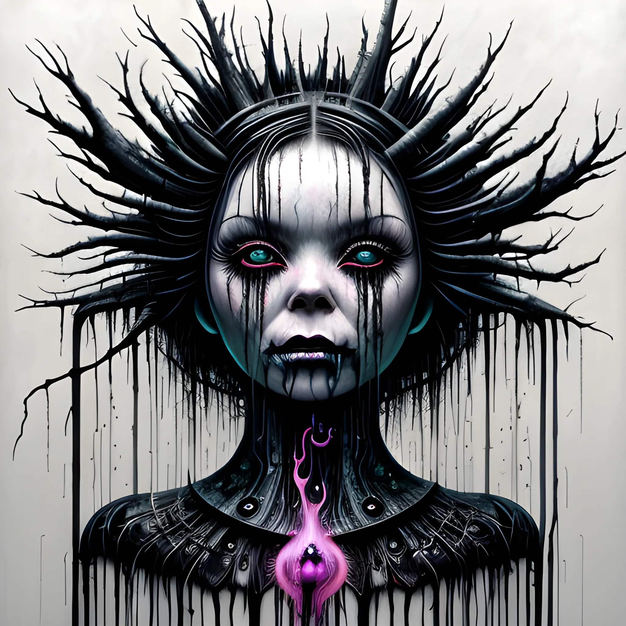  Masterpiece, scenic; Bjork; neon spray paint, acrylic paint, fantastical surrealist world, in the style of Stephen Gammell and Shawn Coss, extremely detailed, sick, gothic, eldritch