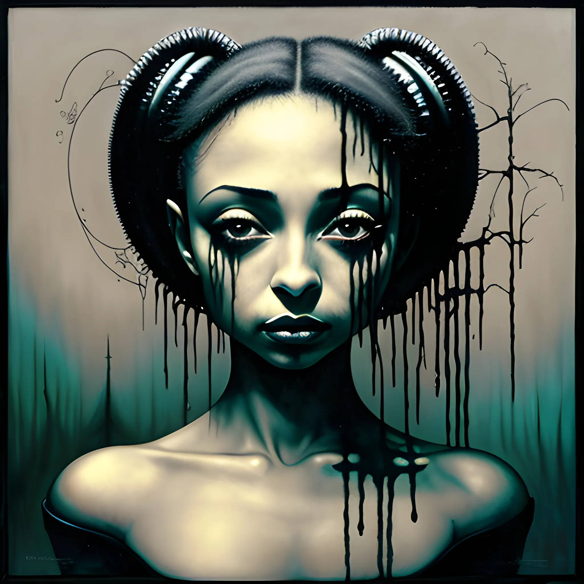  Masterpiece, scenic; Sade Adu; neon spray paint, acrylic paint, fantastical surrealist world, in the style of Stephen Gammell and Shawn Coss, extremely detailed, sick, gothic, eldritch