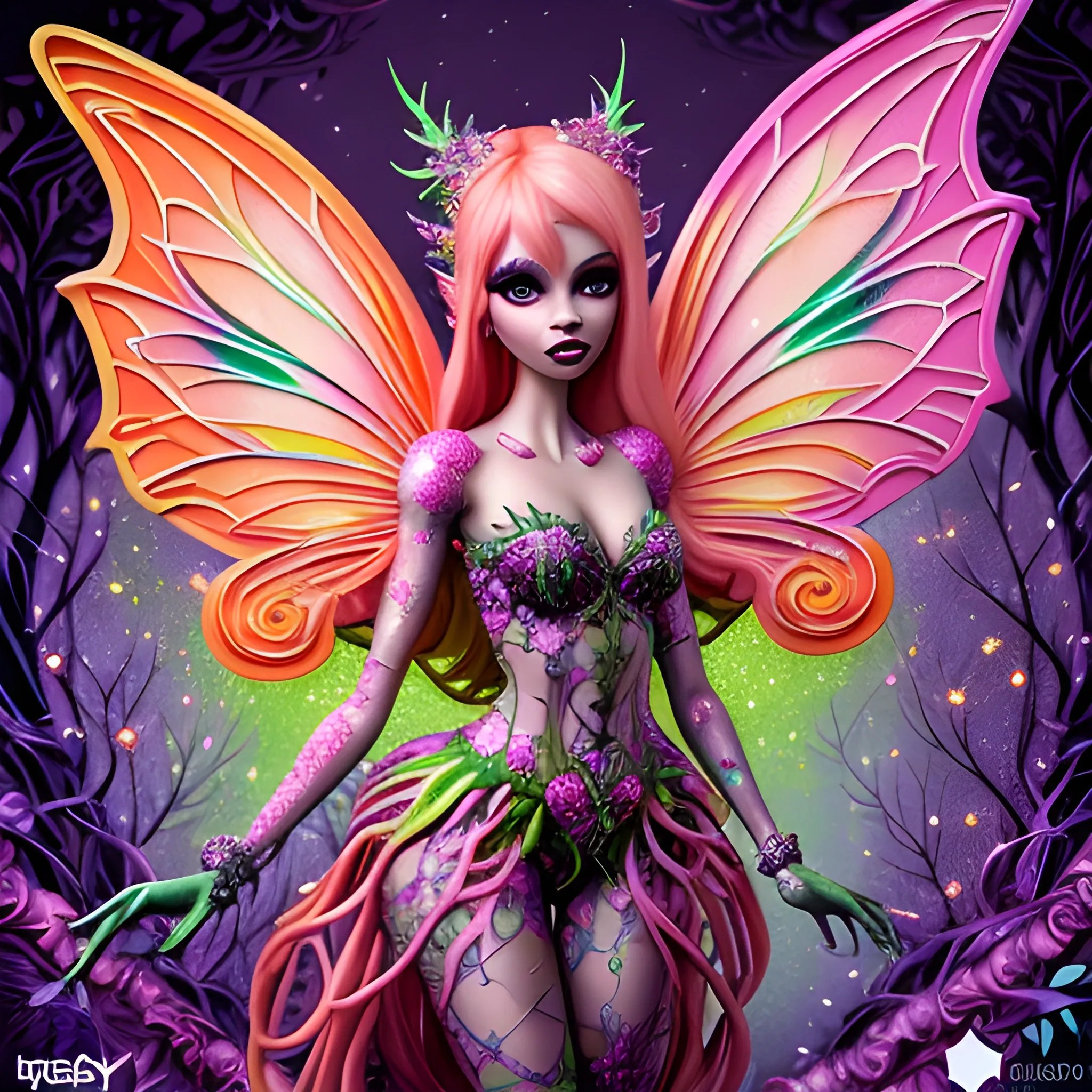  Mythical Fairy: monster High doll: vines: woman: fairy wings: forest: nature: orange and pink: detailed: glitter, airbrush, luminous color sparkles; graffiti art, splash art, street art, spray paint, oil gouache melting, acrylic, high contrast, colorful polychromatic, ultra detailed, ultra quality, CGSociety, 3D