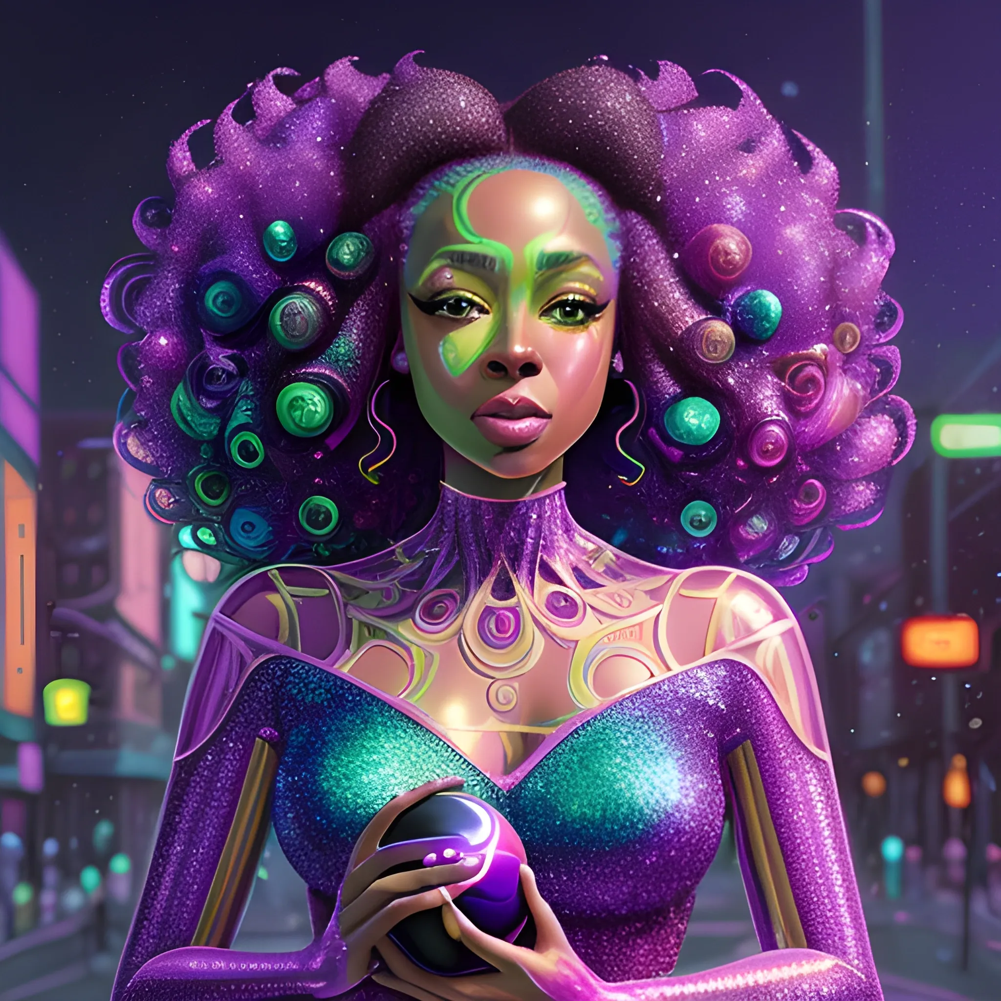 Charlotte Ayanna, perfect, anatomically correct perfect body, highly detailed beautiful face, green midriff dress, meticulously detailed multi-hued long dark curly hair, holding a purple ball in her hand; digital painting, smooth, sharp focus, colorful illustration, art by Lisa Frank, James R. Eads, artgerm and Maxfield Parrish; luminous color sparkles, glitter, neon, airbrush, Unreal Engine 5, Fausto-Giurescu, Tania Rivilis, Dan Mumford; luminous colorful sparkles, glitter, airbrush, depth of field, volumetric lighting, downtown