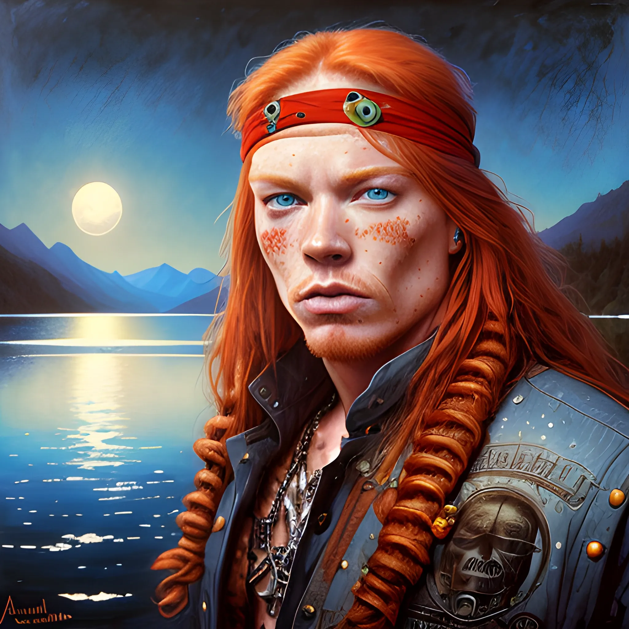 Axl Rose, long red hair, chiseled, handsome highly detailed symmetrical face, freckles, perfect face, hyperdetailed eyes and an athletic, long, lean masculine body, under a painted neblua sky, full moon; by a lake, mountains; spooky ambiance, by gaston bussiere, craig mullins, j. c. leyendecker