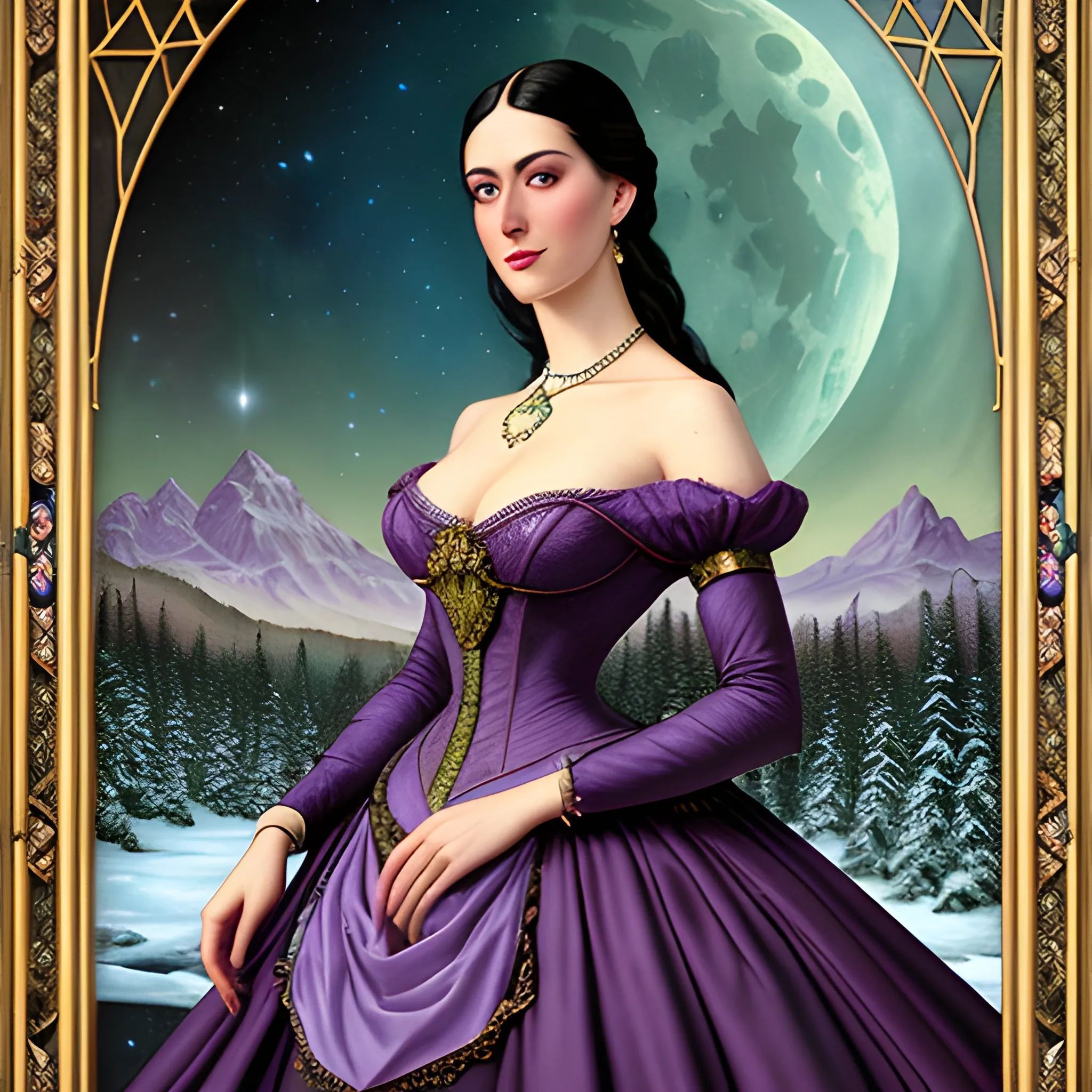 Lilac Princess, full body shot; beautiful woman wears a lavender sequined dress. She has long, sleek black hair, and stands in front of snow-covered pine trees and an icy river. Her features are symmetrical, lovely, and anatomically correct. She wears amethyst jewelry. Lips are soft, in a slight smile; behind her a cityscape, and full smooth moon in a nebula sky, clouds; fantasy, Vintage Art, 16k resolution, intricately detailed, Renaissance, Chromolithography Soft Shading; ethereal fantasy, realistic oil painting. Victorian era, glitter, old fashioned, vintage, antique, renaissance, gothic, eldritch, highly intricate, sophisticated and complex digital painting, concept art, hyperrealism, Cinema 4D, 8k resolution, 64 megapixels, CGSociety, ZBrushCentral, behance HD, hypermaximalist, parallax
