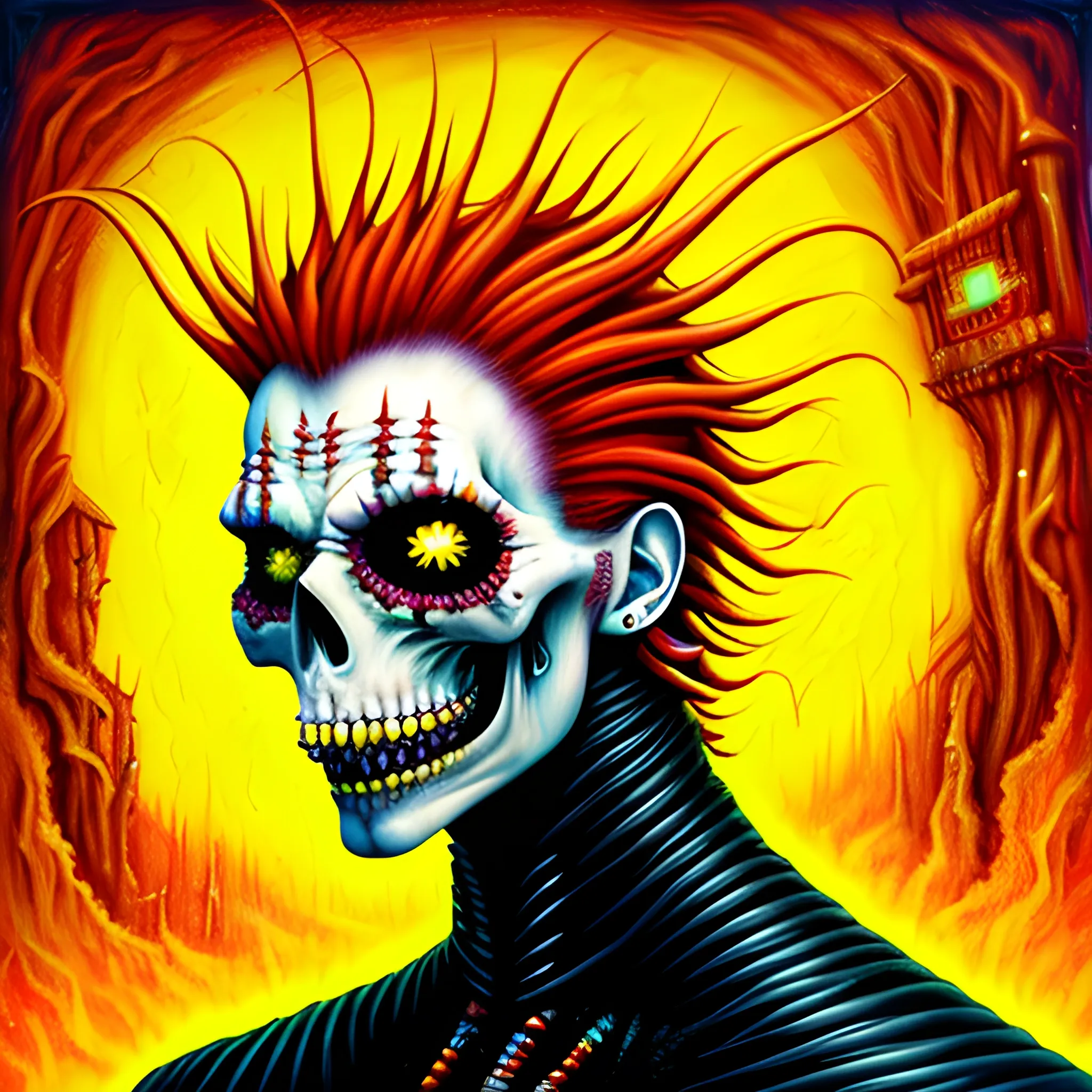  Masterpiece, scenic;  redhead Courtney Gains; neon spray paint, acrylic paint, fantastical surrealist world, corn cob, yellow corn; in the style of Stephen Gammell and Shawn Coss, extremely detailed, sick, gothic, eldritch; macabre, extreme color; Malachi, Children of the Corn;