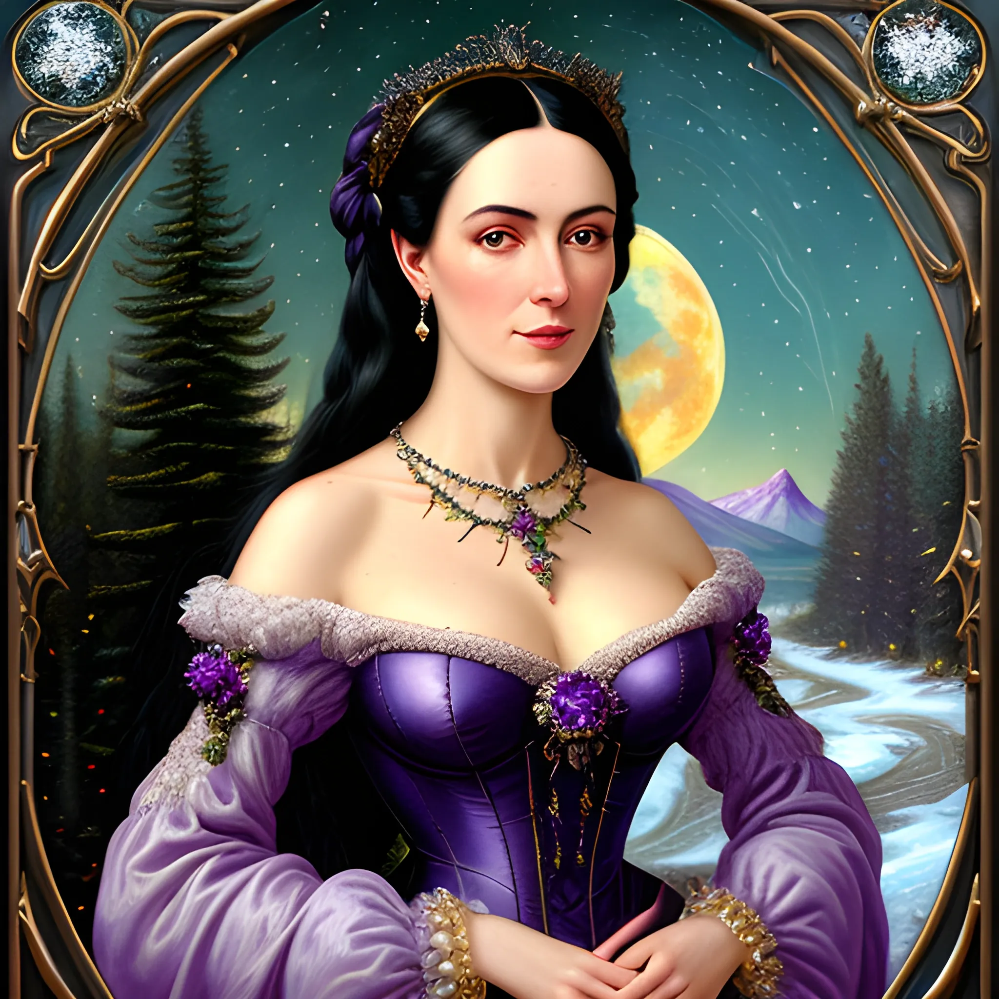 Lilac Princess, full body shot; beautiful woman wears a lavender sequined dress. She has long, sleek black hair, and stands in front of snow-covered pine trees and an icy river. Her features are symmetrical, lovely, and anatomically correct. She wears amethyst jewelry. Lips are soft, in a slight smile; behind her a cityscape, and full smooth moon in a nebula sky, clouds; fantasy, Vintage Art, 16k resolution, intricately detailed, Renaissance, Chromolithography Soft Shading; ethereal fantasy, realistic oil painting. Victorian era, glitter, old fashioned, vintage, antique, renaissance, gothic, eldritch, highly intricate, sophisticated and complex digital painting, concept art, hyperrealism, Cinema 4D, 8k resolution, 64 megapixels, CGSociety, ZBrushCentral, behance HD, hypermaximalist, parallax
