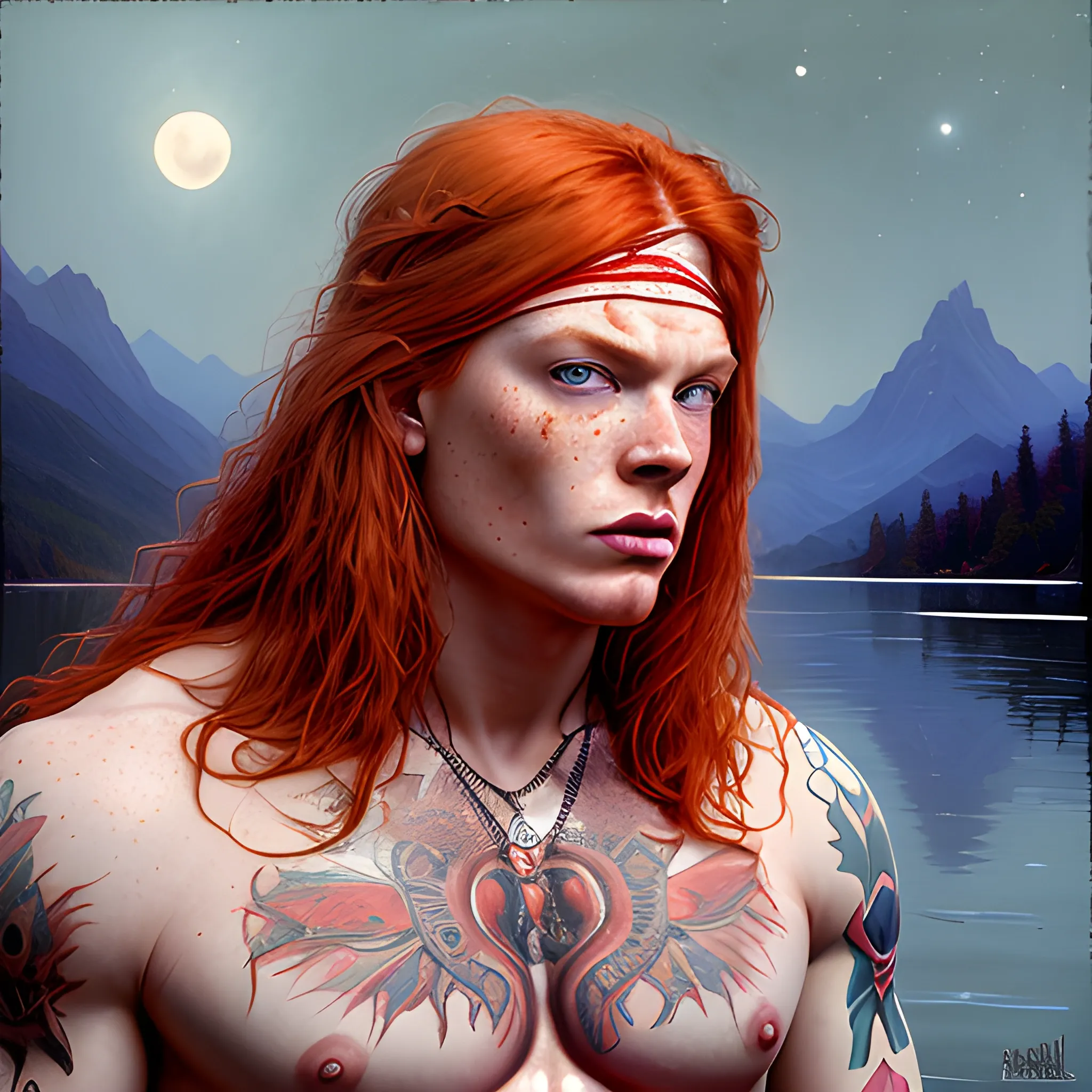 Axl Rose, long red hair, chiseled, handsome highly detailed symmetrical face, freckles, perfect face, hyperdetailed eyes and an athletic, long, lean masculine body, under a painted neblua sky, full moon; by a lake, mountains; spooky ambiance, by gaston bussiere, craig mullins, j. c. leyendecker