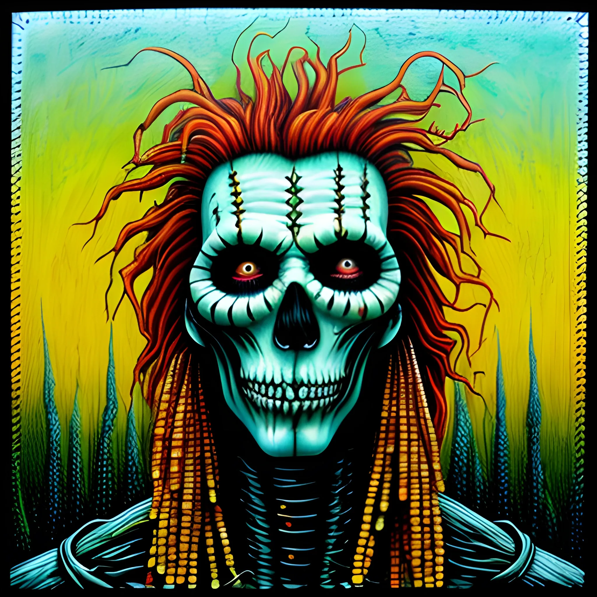  Masterpiece, scenic;  redhead Courtney Gains; neon spray paint, acrylic paint, fantastical surrealist world, corn cob, yellow corn; in the style of Stephen Gammell and Shawn Coss, extremely detailed, gothic, eldritch; extreme color; Malachi, Children of the Corn;