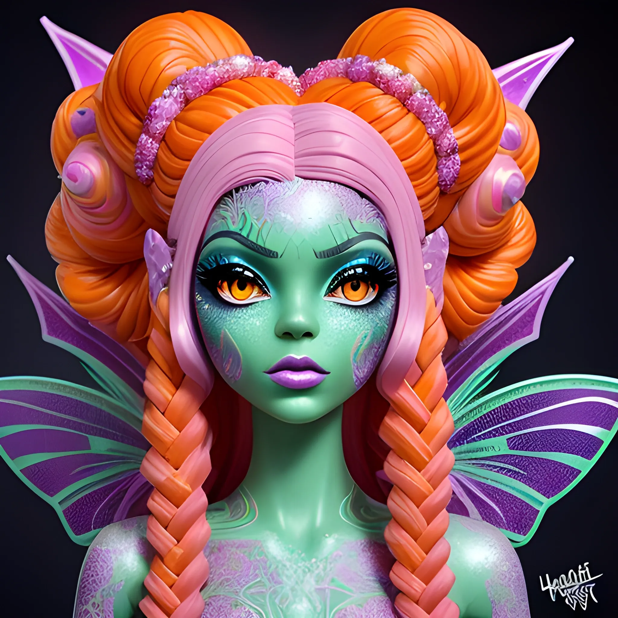  Mythical Fairy: monster High doll: vines: woman: fairy wings: forest: nature: orange and pink: detailed: glitter, airbrush, luminous color sparkles; graffiti art, splash art, street art, spray paint, oil gouache melting, acrylic, high contrast, colorful polychromatic, ultra detailed, ultra quality, CGSociety, 3D; hyperdetailed face of Rosie Perez