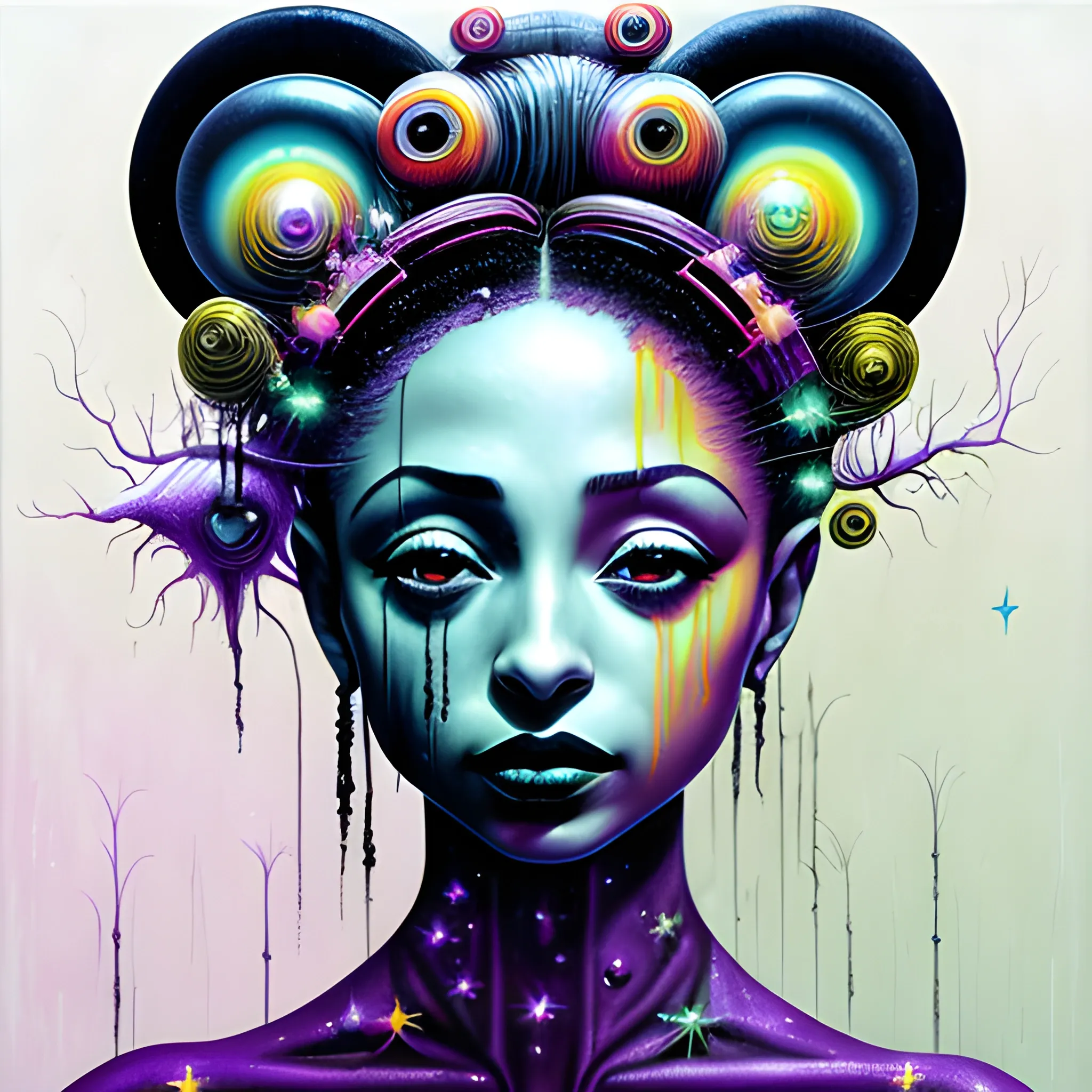  Masterpiece, scenic; Sade Adu; neon spray paint, acrylic paint, fantastical surrealist world, in the style of Stephen Gammell and Shawn Coss, extremely detailed, sick, gothic, eldritch; extreme neon color, stars, glitter, sparkles