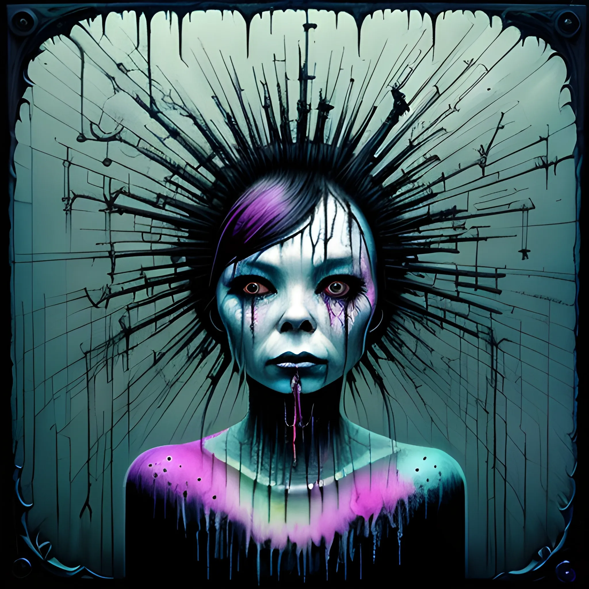  Masterpiece, scenic; Bjork; neon spray paint, acrylic paint, fantastical surrealist world, in the style of Stephen Gammell and Shawn Coss, extremely detailed, sick, gothic, eldritch